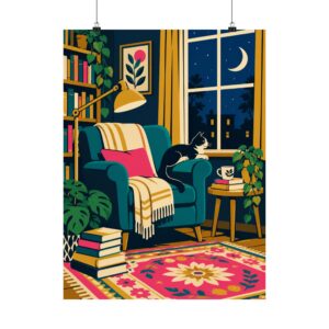 Midnight Reading Nook Poster — Cozy Armchair & Cat Wall Art for Book Lovers, Matte Print