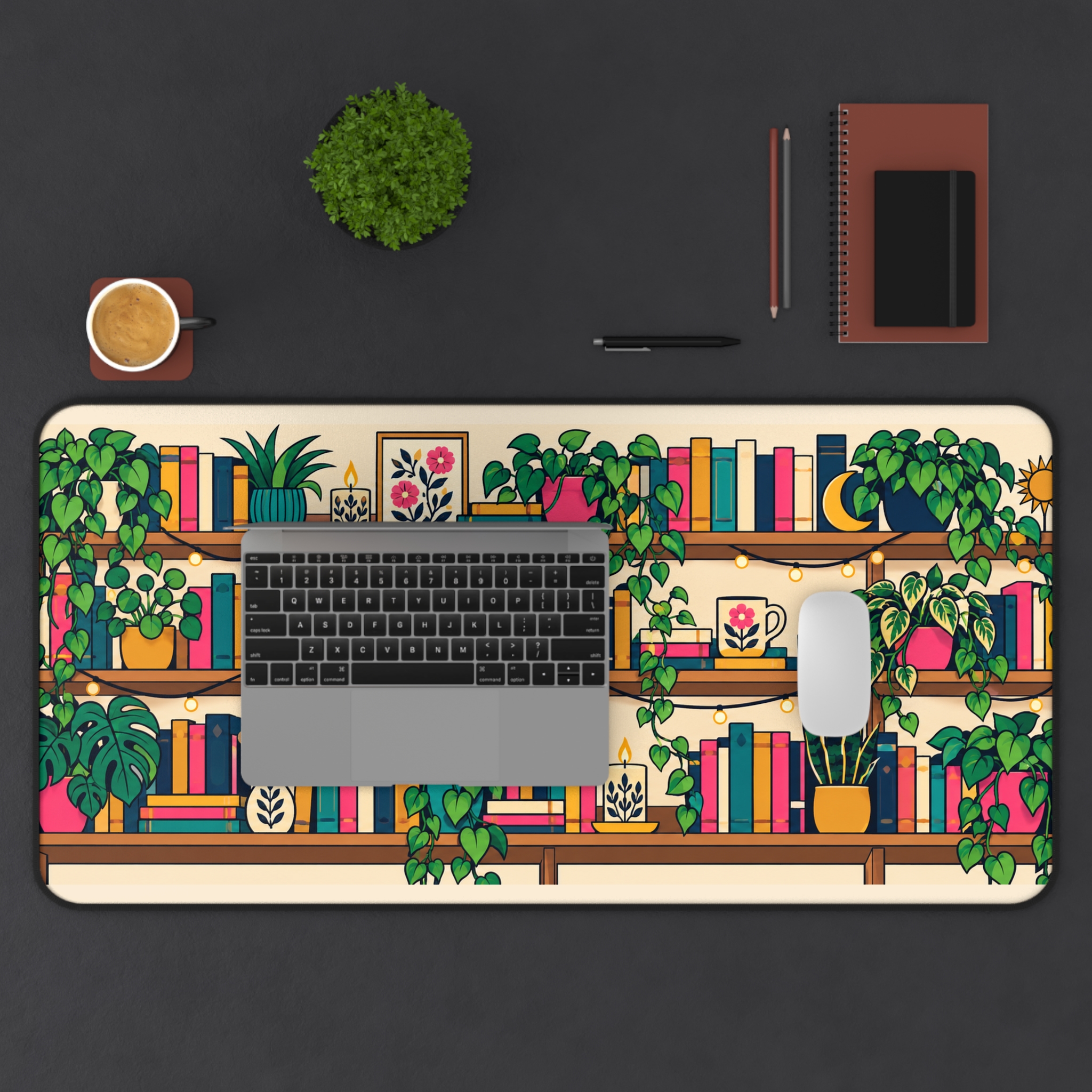 Plant Shelf Library Desk Mat — Cozy Bookshelf, Houseplants & Black Cat Reader Desk Mat - Image 13