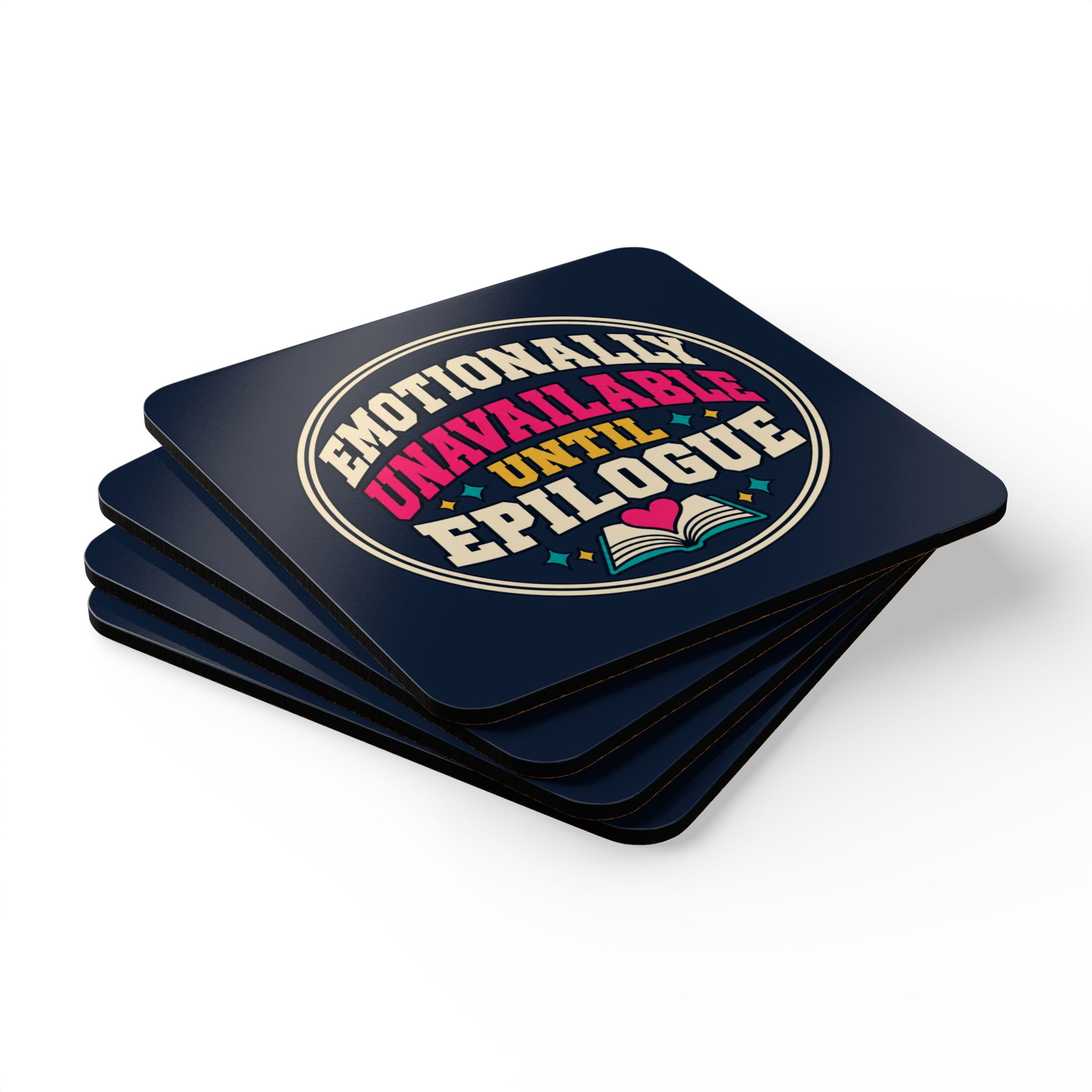 Emotionally Unavailable Until Epilogue Coaster Set — Book Lover Cork-Back Drink Coasters, Set of 4 - Image 3
