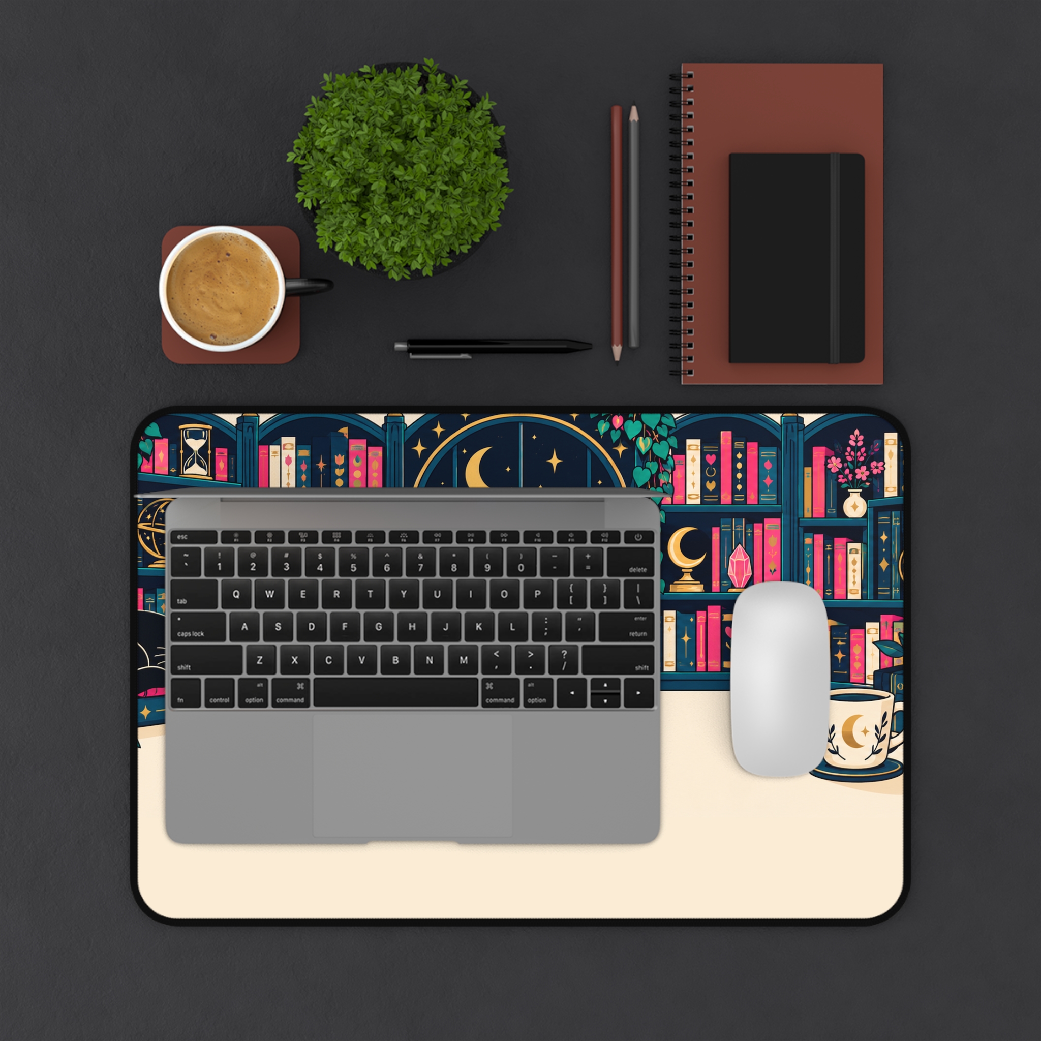 Midnight Library Desk Mat — Cozy Bookshelf, Moonlit Window & Black Cat Reader Desk Mat - Image 3