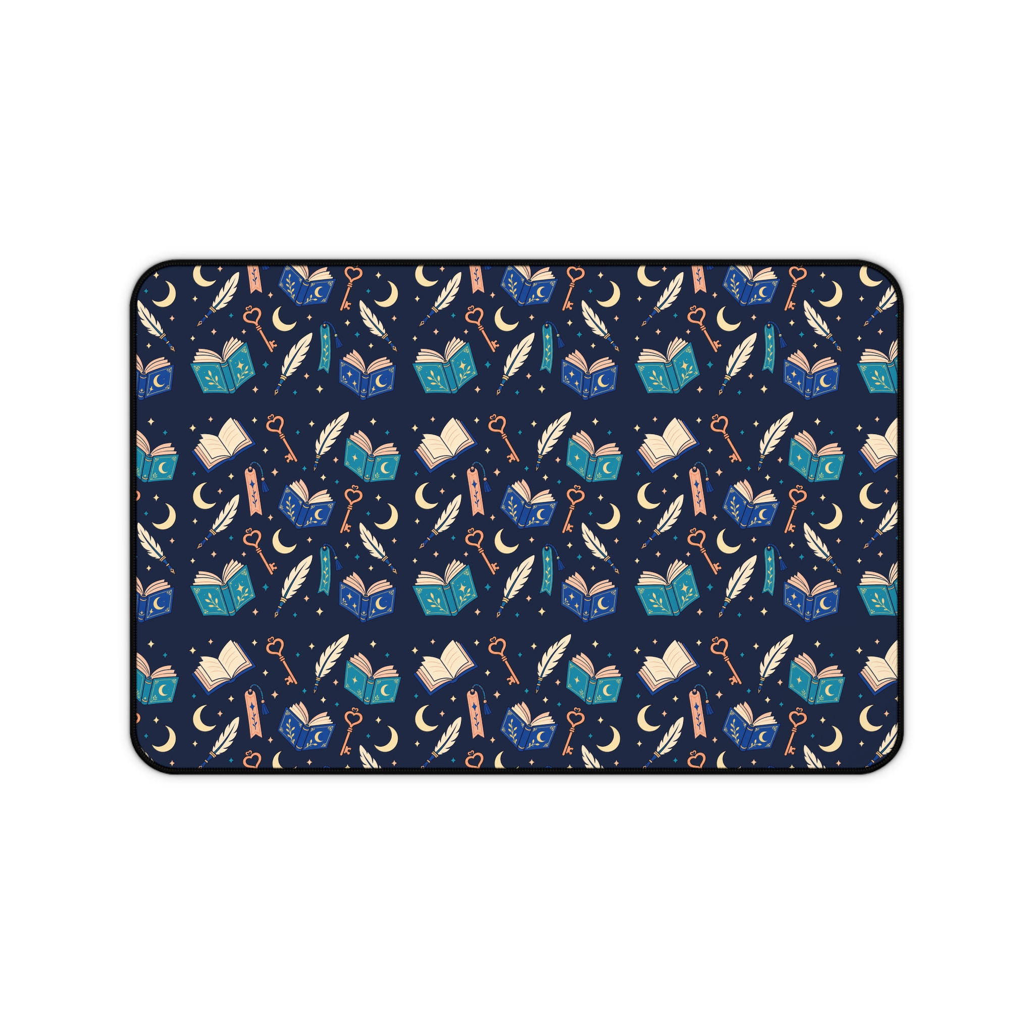 Chapter Keys Desk Mat — Navy Books, Quills & Keys Pattern Reader Desk Mat