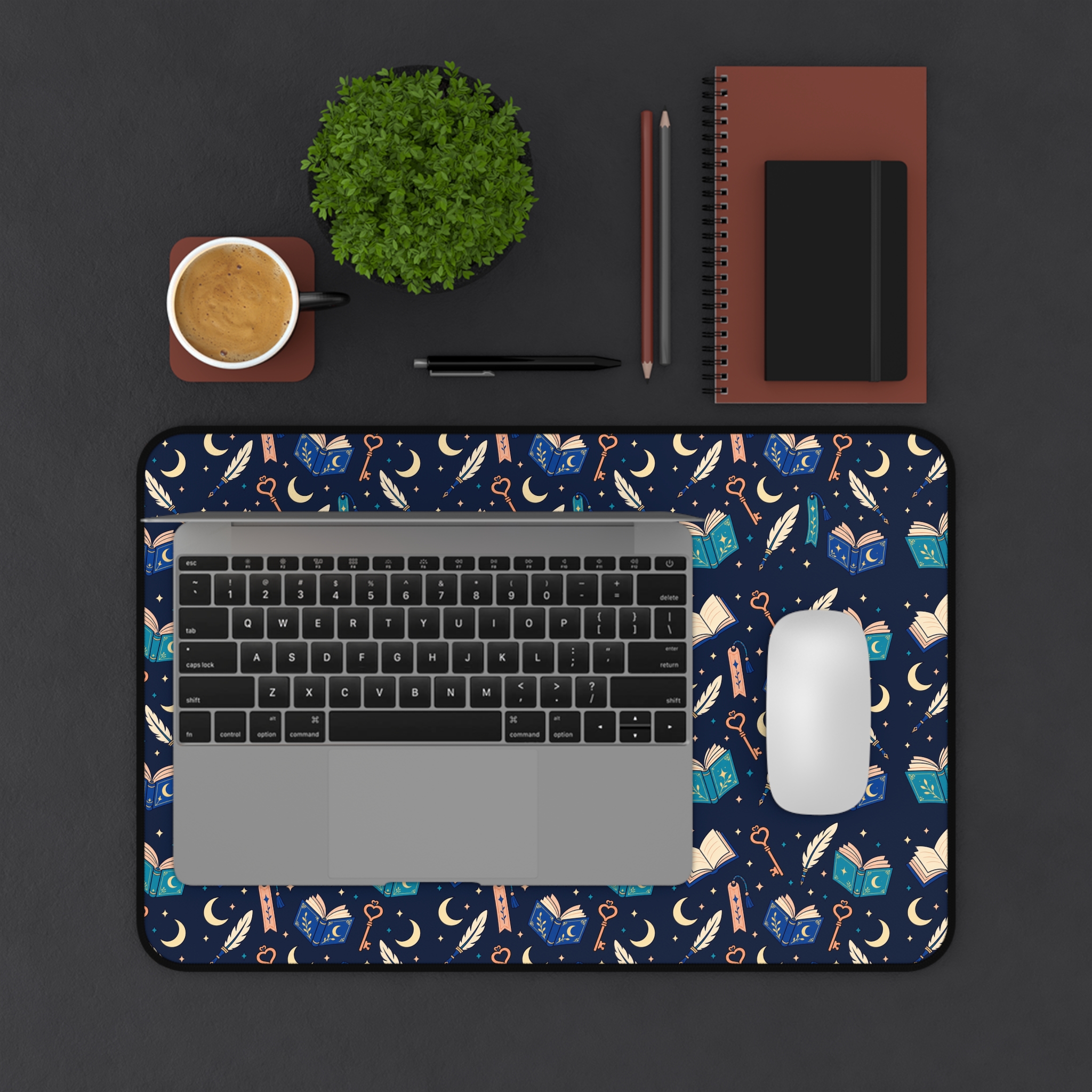 Chapter Keys Desk Mat — Navy Books, Quills & Keys Pattern Reader Desk Mat - Image 3