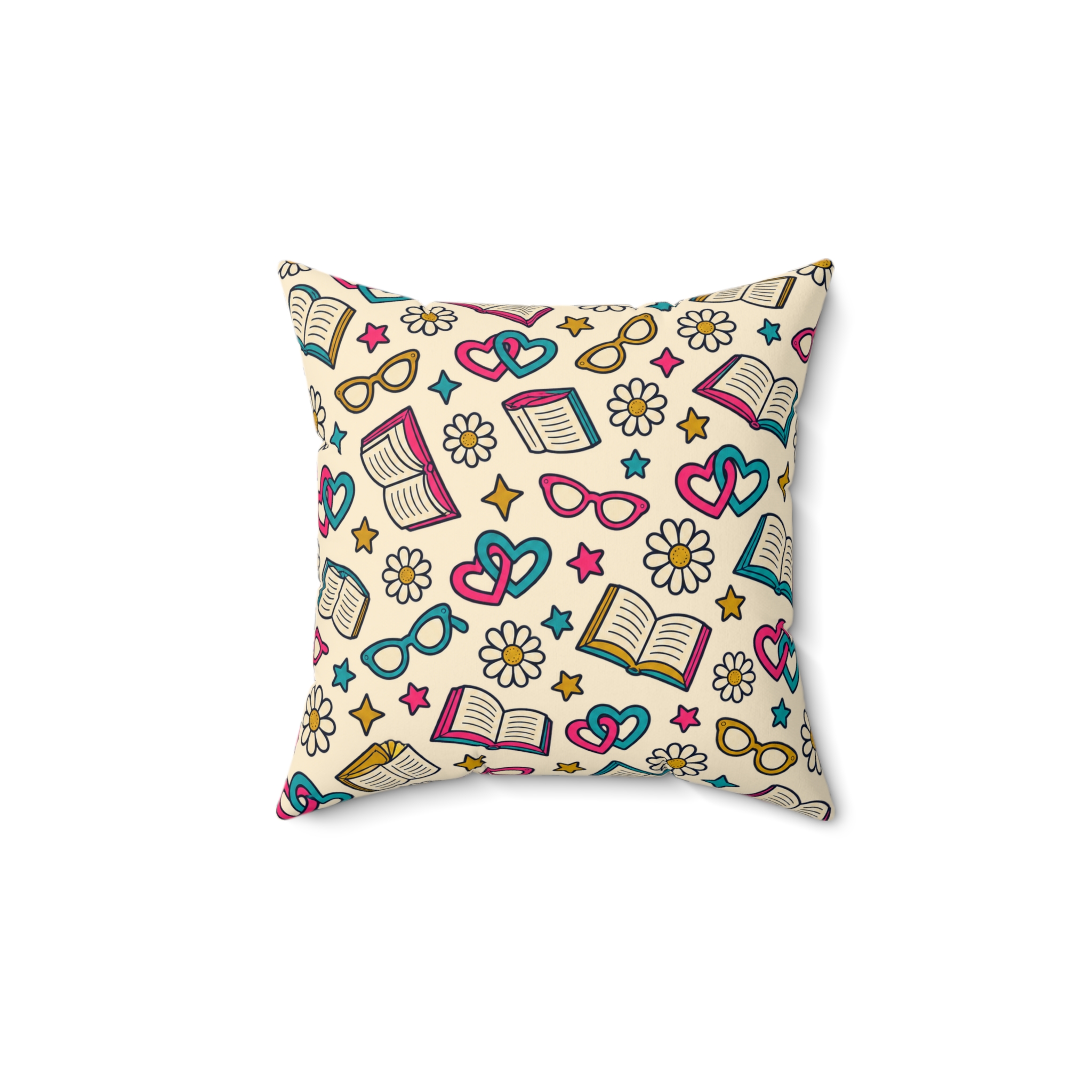 Bookish Blooms Throw Pillow — Books, Hearts & Daisies Reading Nook Pillow (Cream) - Image 2