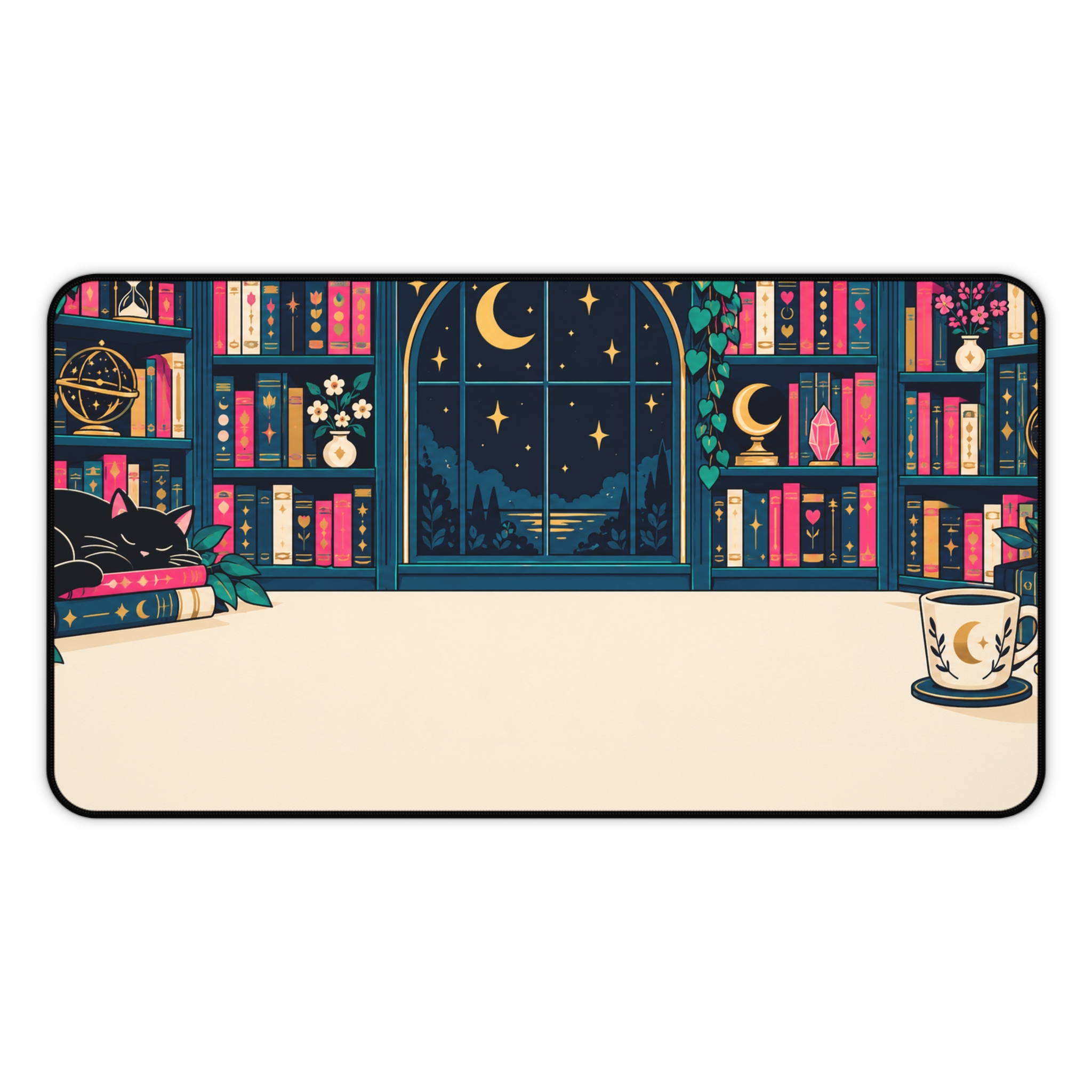 Midnight Library Desk Mat — Cozy Bookshelf, Moonlit Window & Black Cat Reader Desk Mat - Image 6