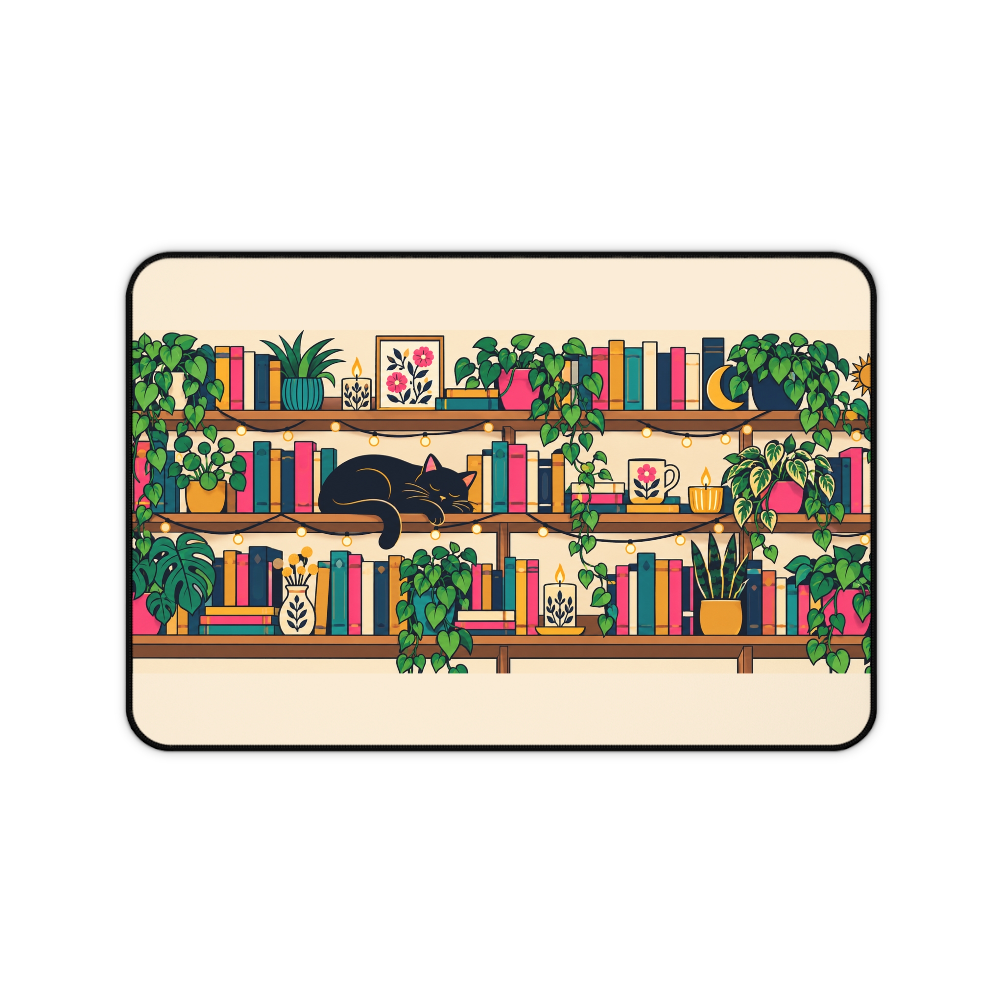 Plant Shelf Library Desk Mat — Cozy Bookshelf, Houseplants & Black Cat Reader Desk Mat