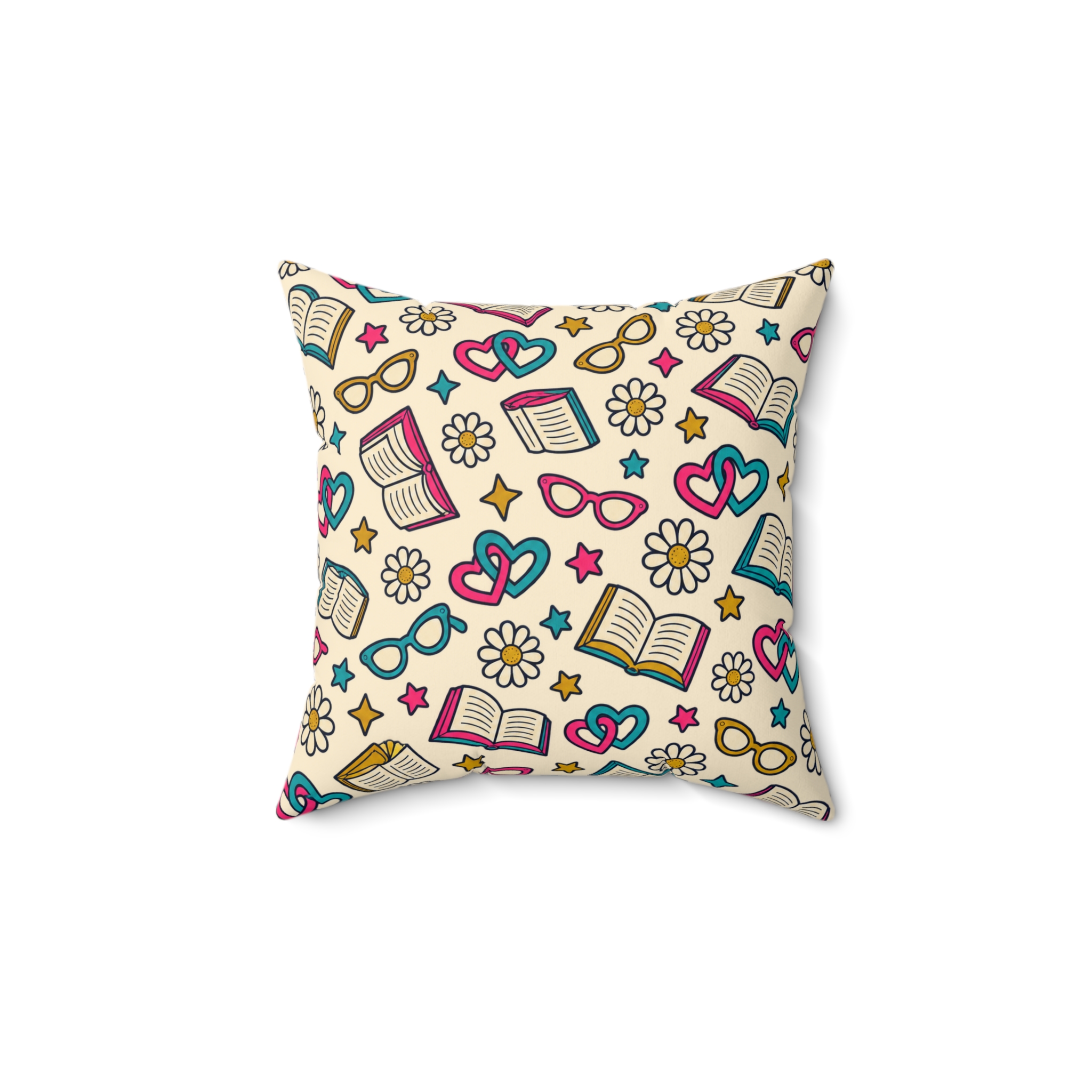 Bookish Blooms Throw Pillow — Books, Hearts & Daisies Reading Nook Pillow (Cream)