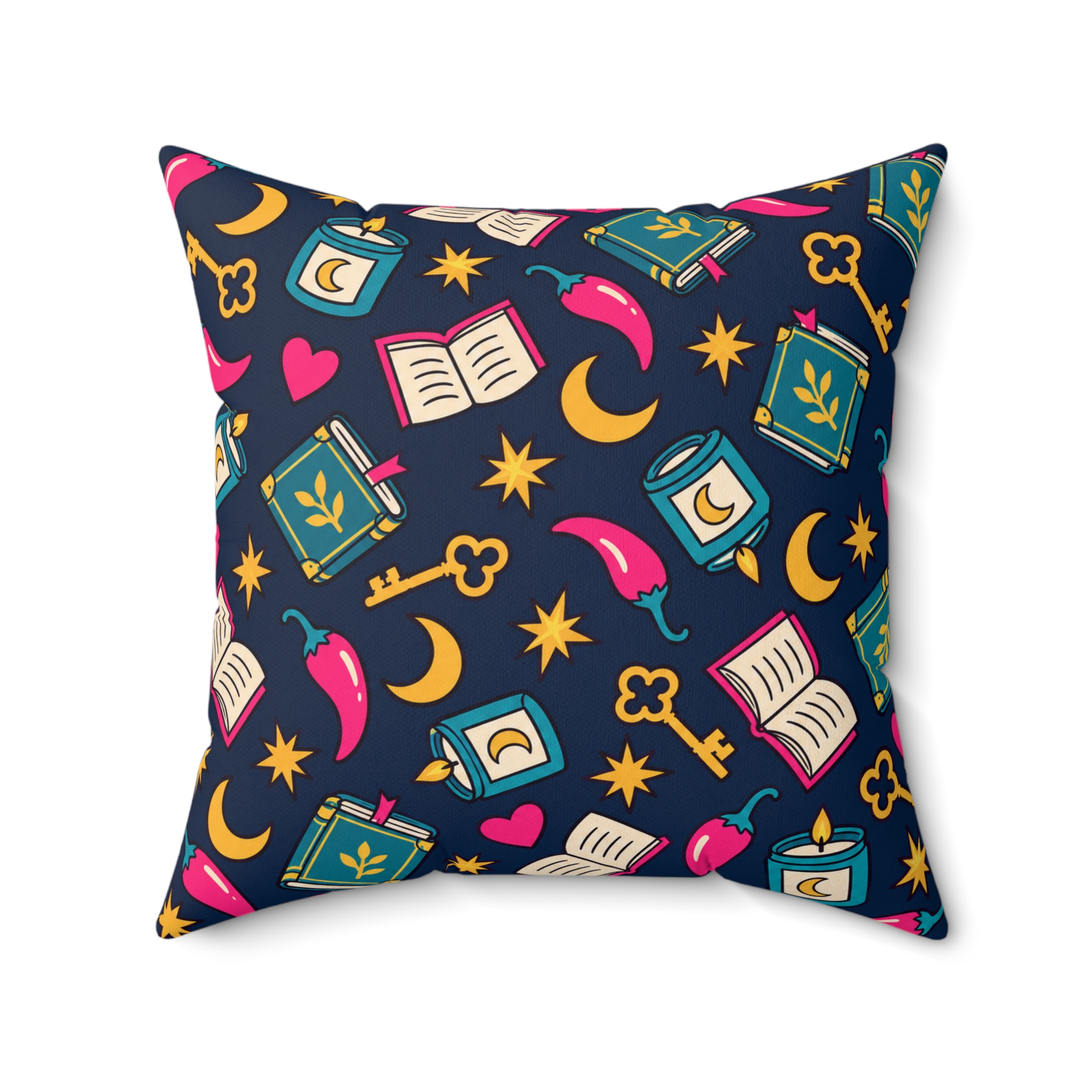 Bookish Icons Throw Pillow — Romance Reader Books, Chilis & Moons Reading Nook Pillow (Navy) - Image 11