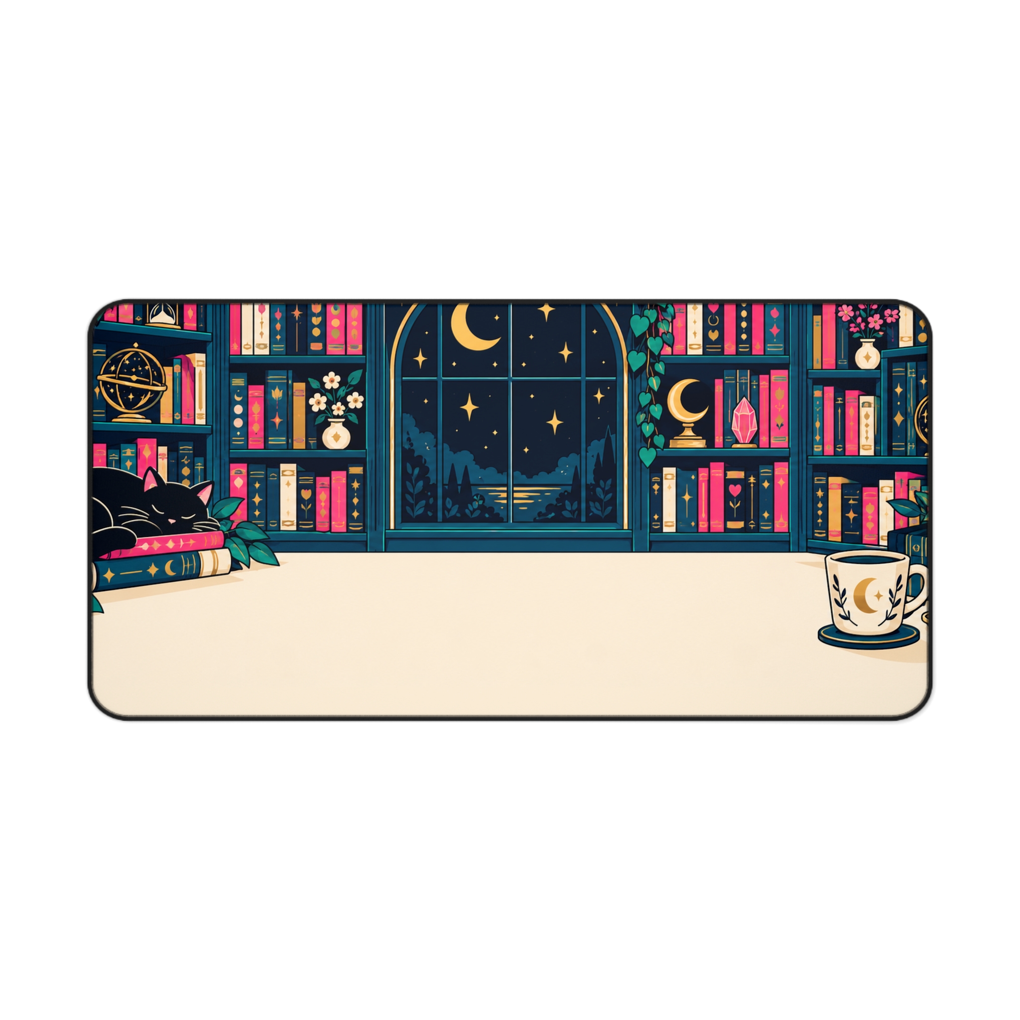 Midnight Library Desk Mat — Cozy Bookshelf, Moonlit Window & Black Cat Reader Desk Mat - Image 11