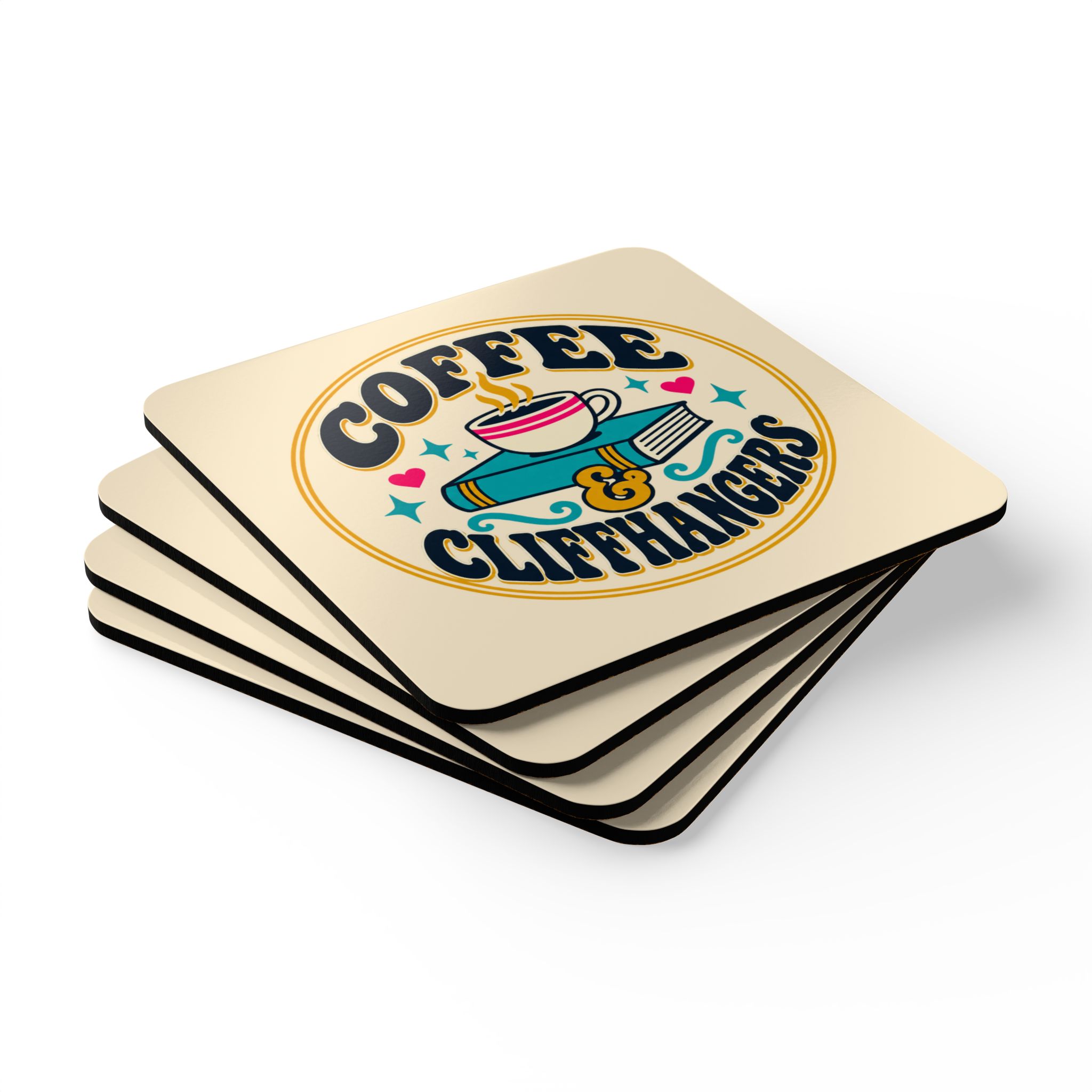 Coffee & Cliffhangers Coaster Set — Book Lover Cork-Back Drink Coasters, Set of 4 - Image 3
