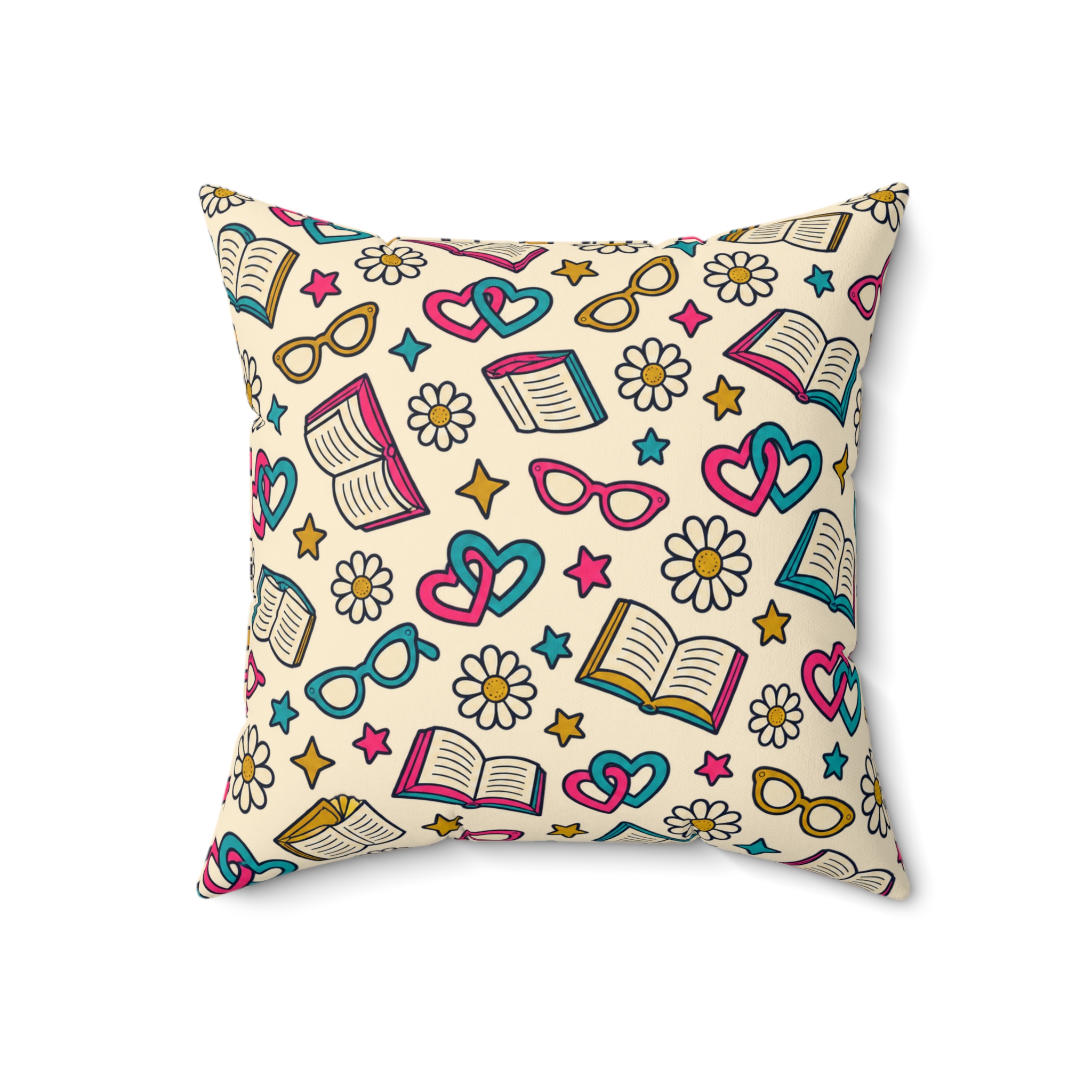 Bookish Blooms Throw Pillow — Books, Hearts & Daisies Reading Nook Pillow (Cream) - Image 8