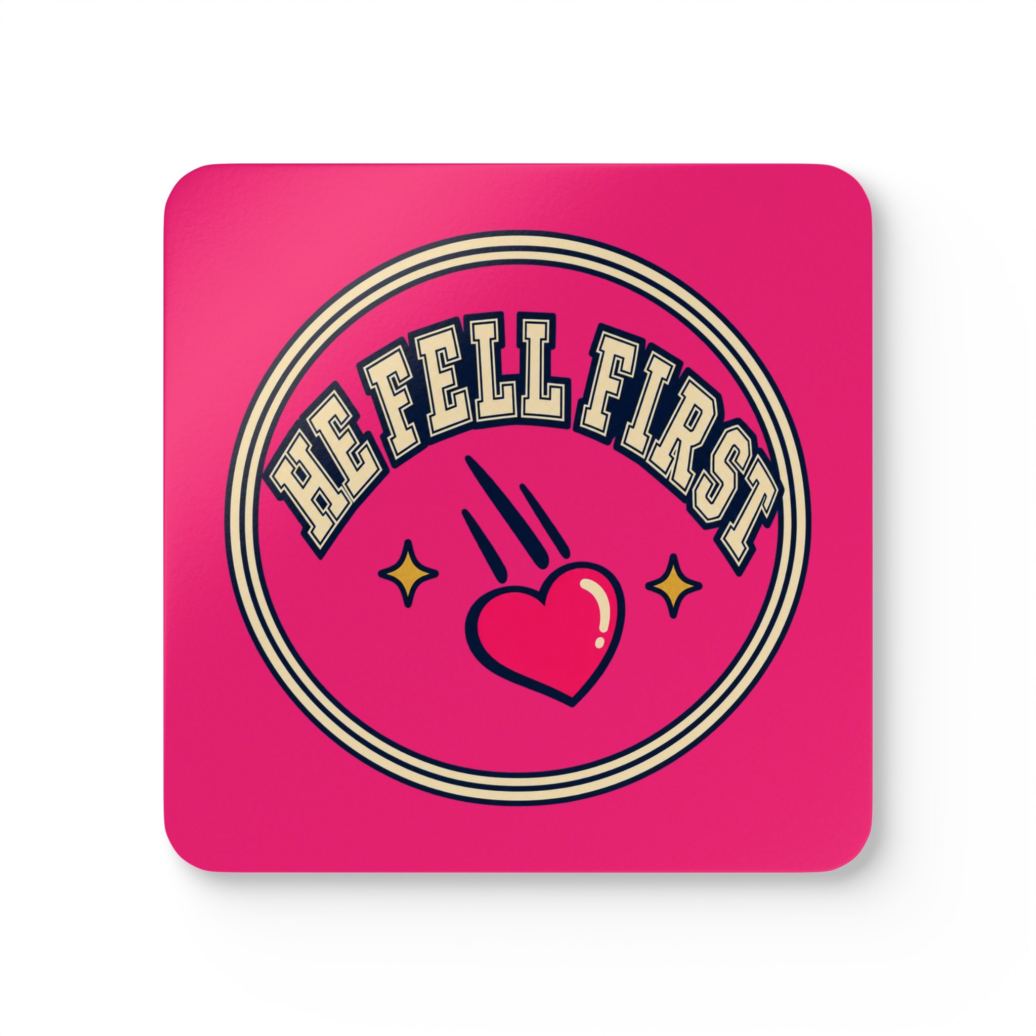 He Fell First Coaster Set — Romance Trope Cork-Back Drink Coasters, Set of 4