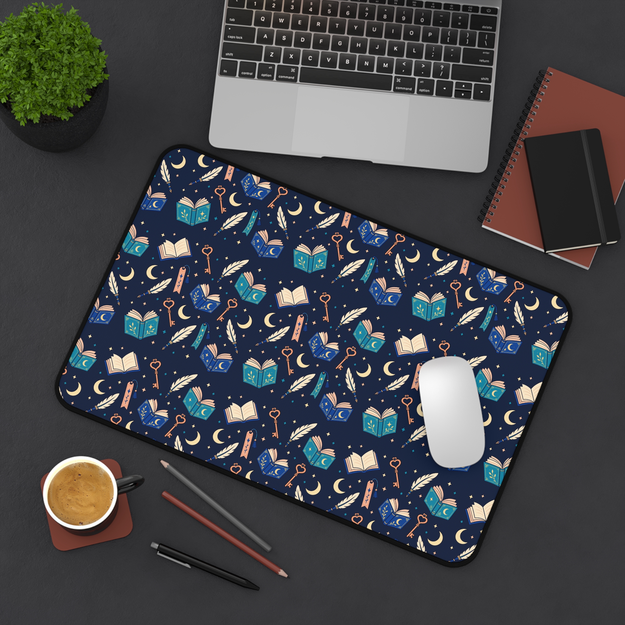 Chapter Keys Desk Mat — Navy Books, Quills & Keys Pattern Reader Desk Mat - Image 4