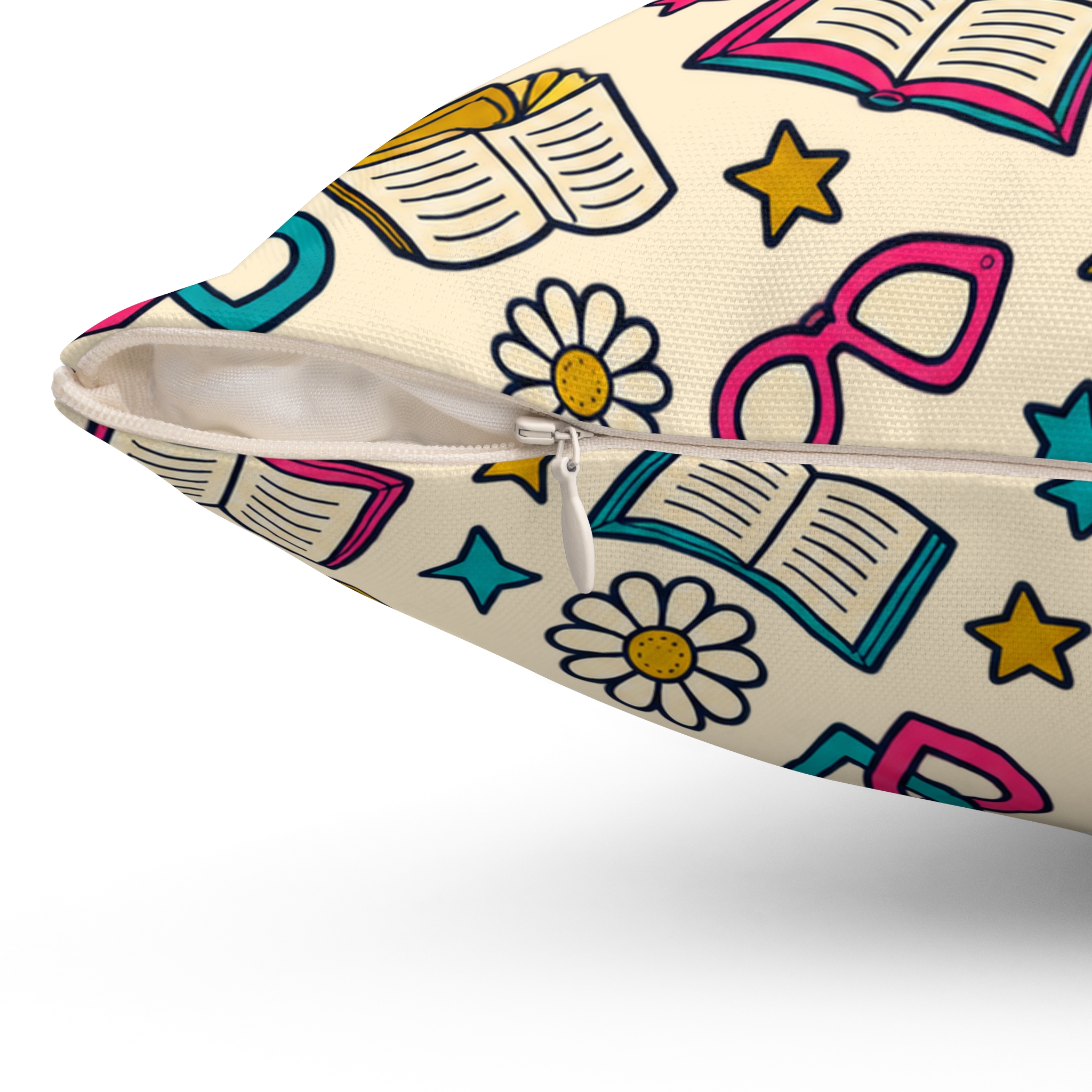 Bookish Blooms Throw Pillow — Books, Hearts & Daisies Reading Nook Pillow (Cream) - Image 9