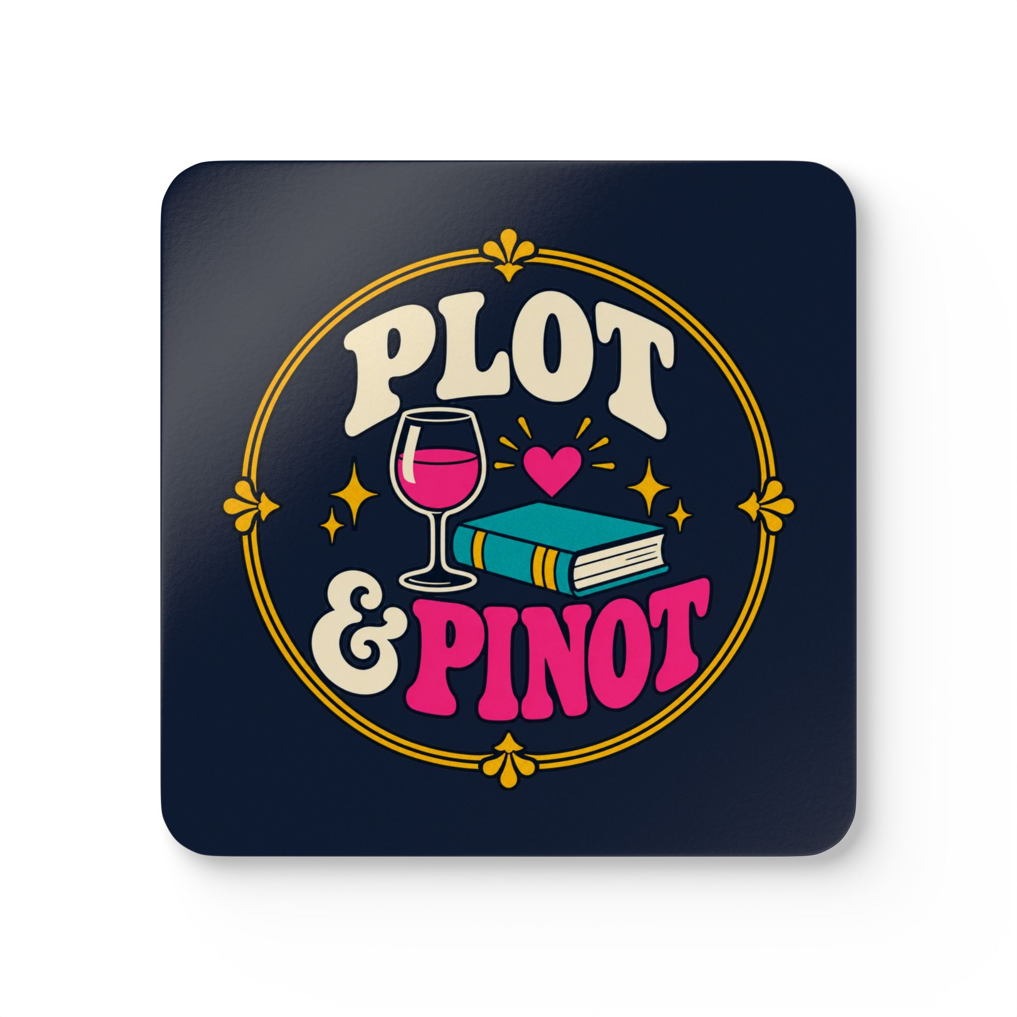 Plot & Pinot Coaster Set — Wine & Book Lover Cork-Back Drink Coasters, Set of 4