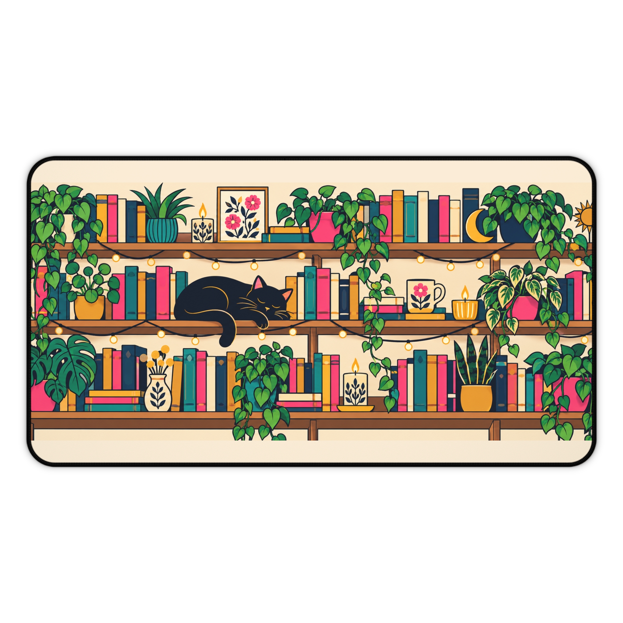 Plant Shelf Library Desk Mat — Cozy Bookshelf, Houseplants & Black Cat Reader Desk Mat - Image 6