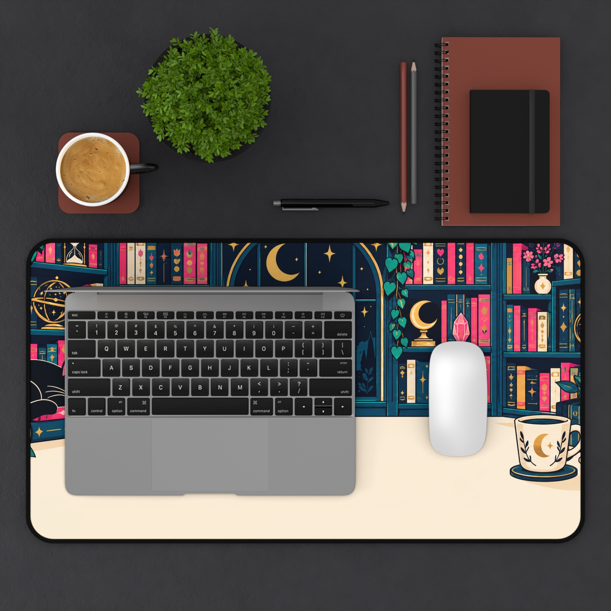 Midnight Library Desk Mat — Cozy Bookshelf, Moonlit Window & Black Cat Reader Desk Mat - Image 8