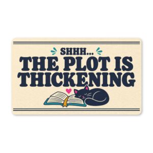 The Plot Is Thickening Doormat — Book Lover Welcome Mat with Sleeping Cat, 18″ × 30″