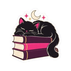 Cat Nap Book Stack Sticker — Black Cat & Books Kiss-Cut Vinyl Sticker