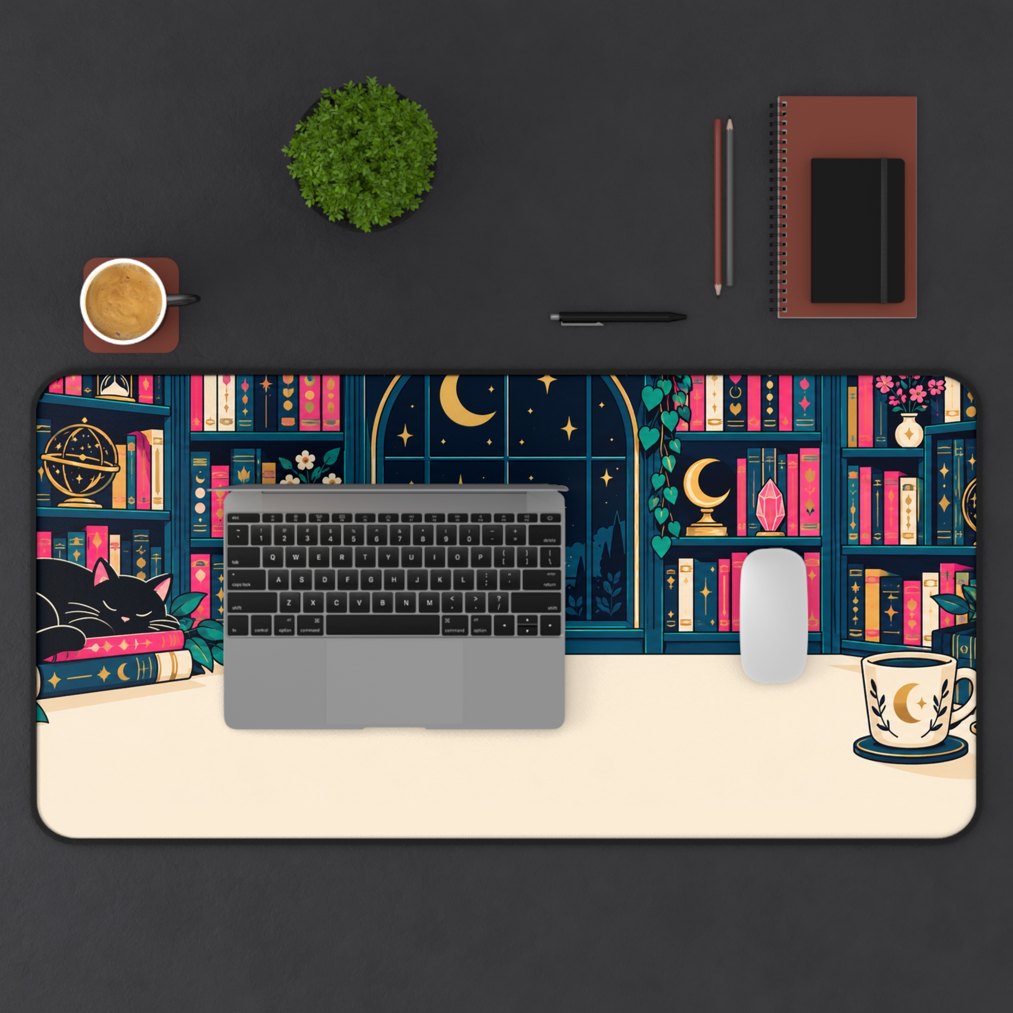 Midnight Library Desk Mat — Cozy Bookshelf, Moonlit Window & Black Cat Reader Desk Mat - Image 13
