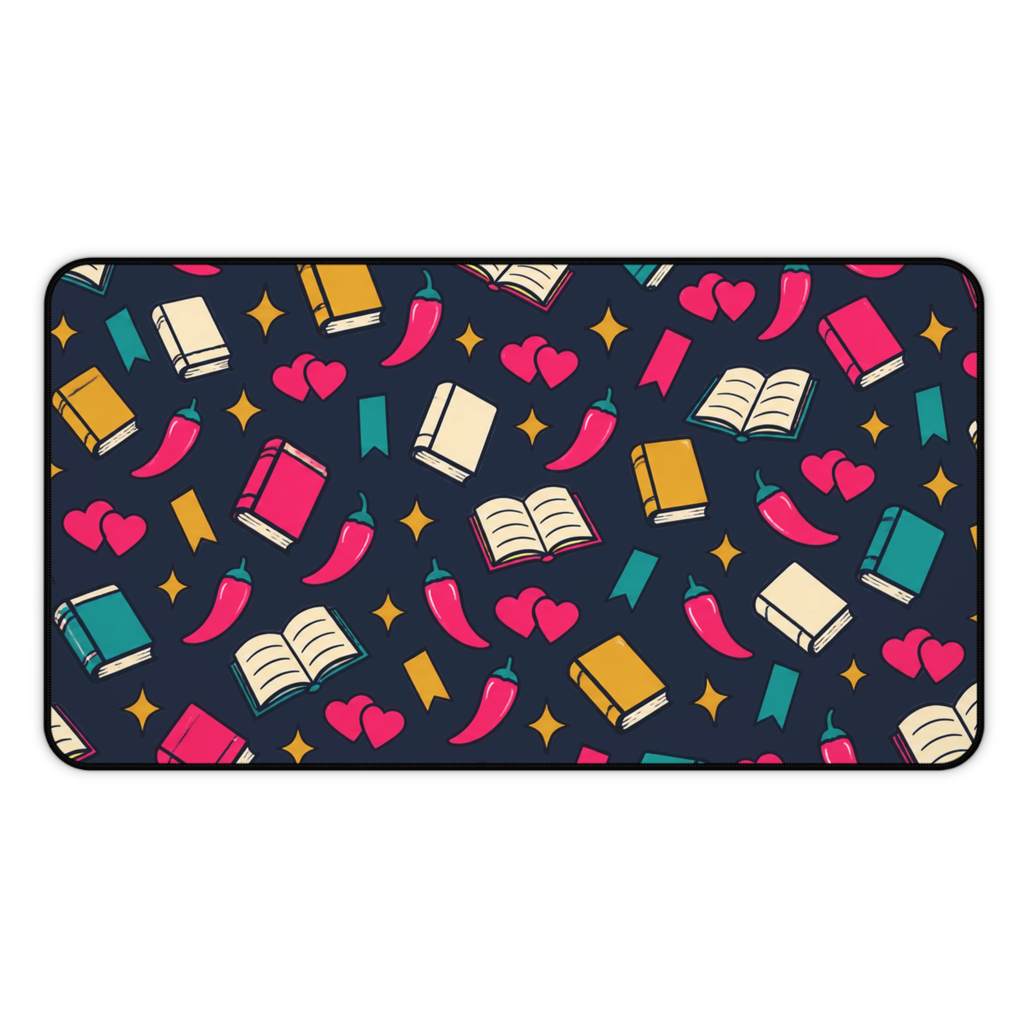 Bookish Confetti Desk Mat — Books, Hearts & Chili Peppers Spicy Romance Reader Desk Mat - Image 6