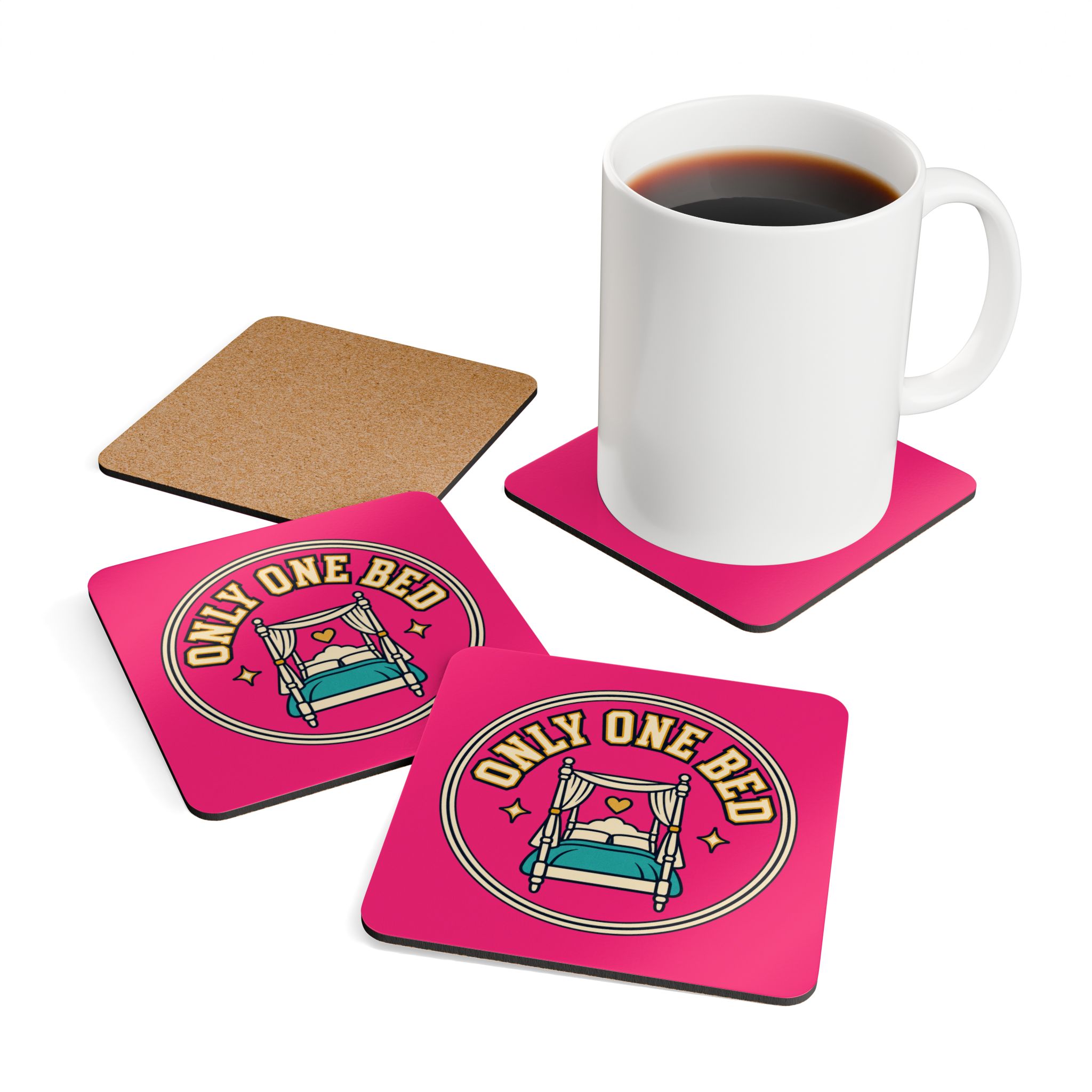 Only One Bed Coaster Set — Romance Trope Cork-Back Drink Coasters, Set of 4 - Image 4