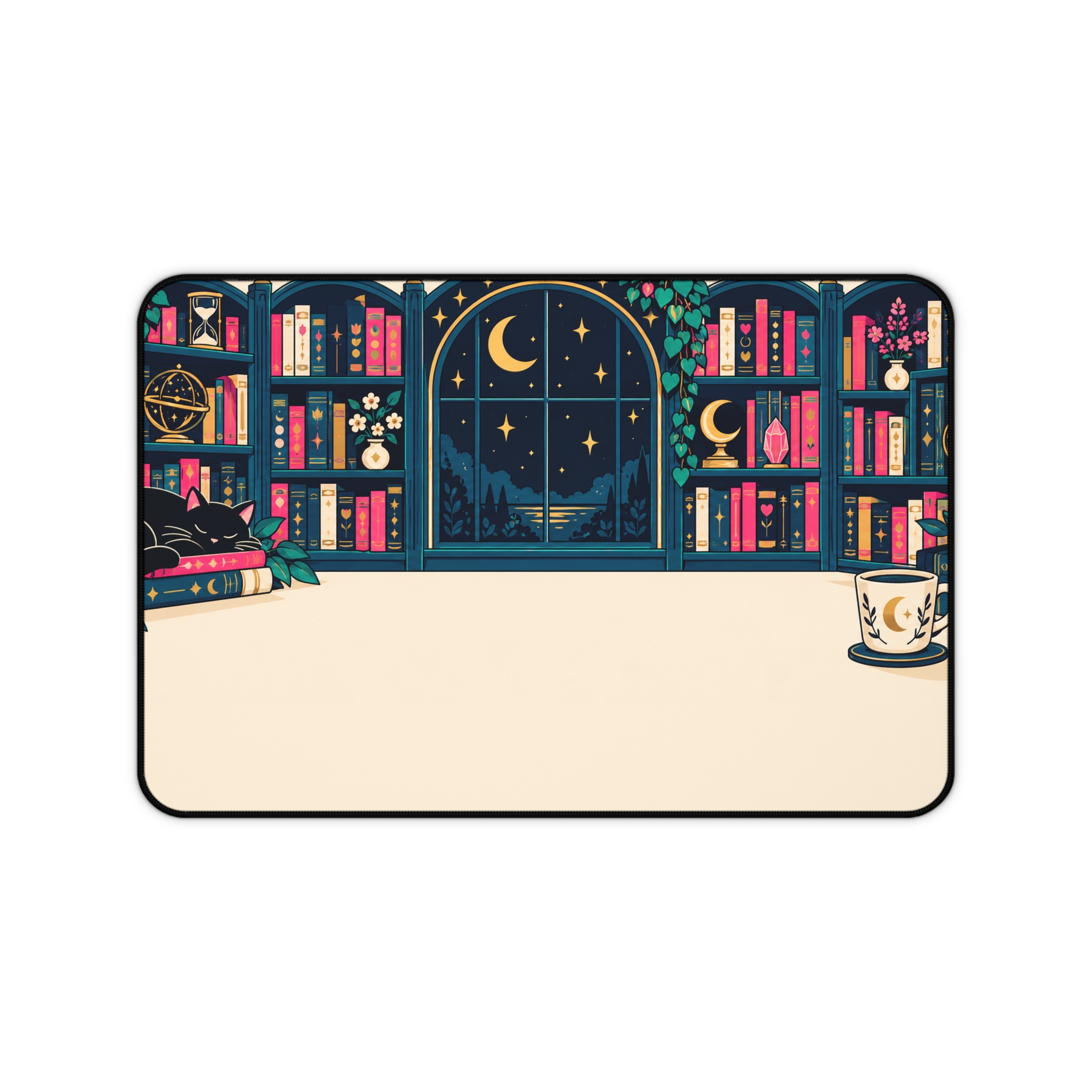 Midnight Library Desk Mat — Cozy Bookshelf, Moonlit Window & Black Cat Reader Desk Mat