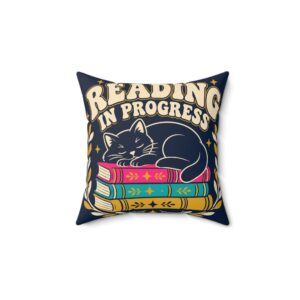 Reading in Progress Throw Pillow — Black Cat & Book Stack Reading Nook Pillow