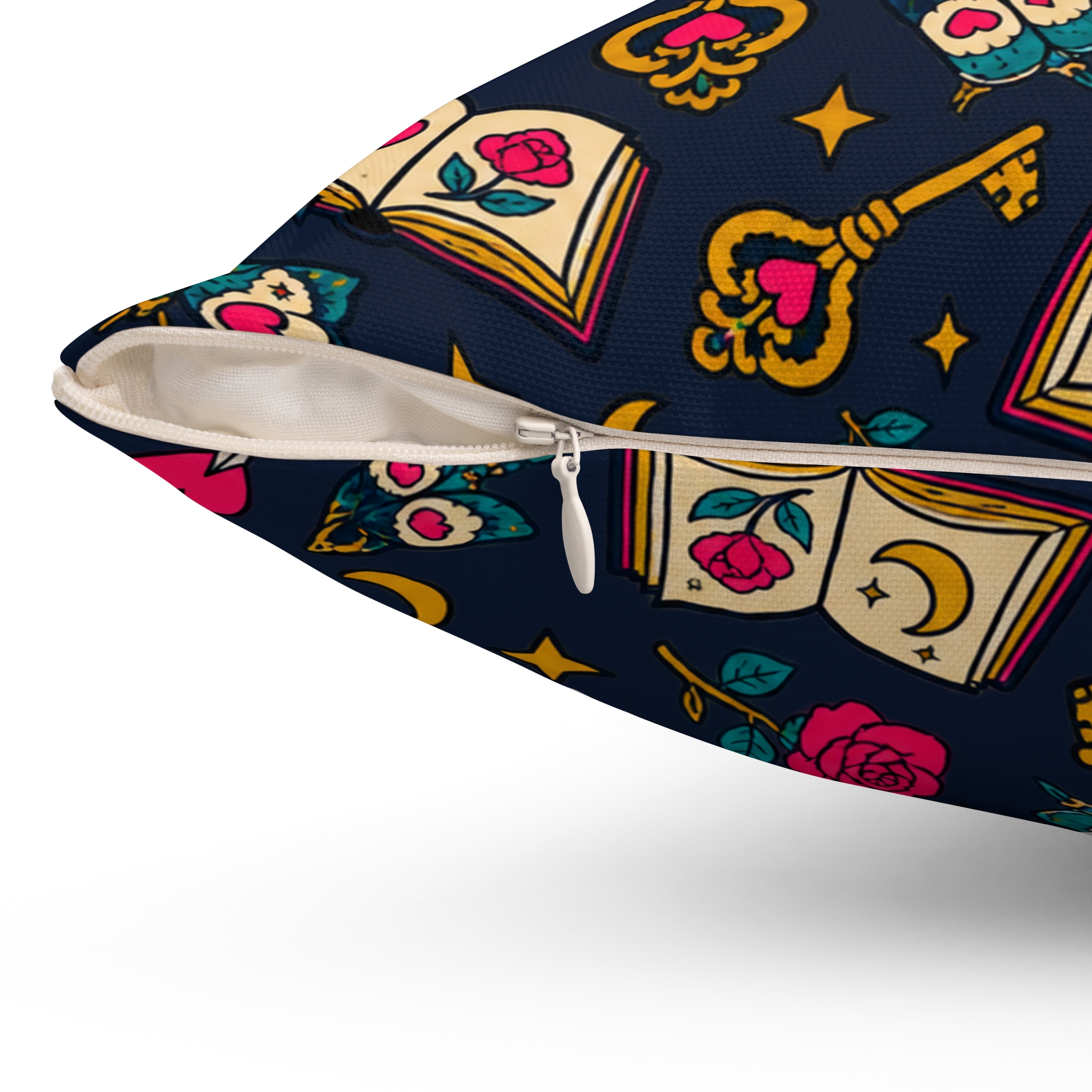 Enchanted Library Throw Pillow — Moths, Roses & Spellbooks Reading Nook Pillow (Navy) - Image 3