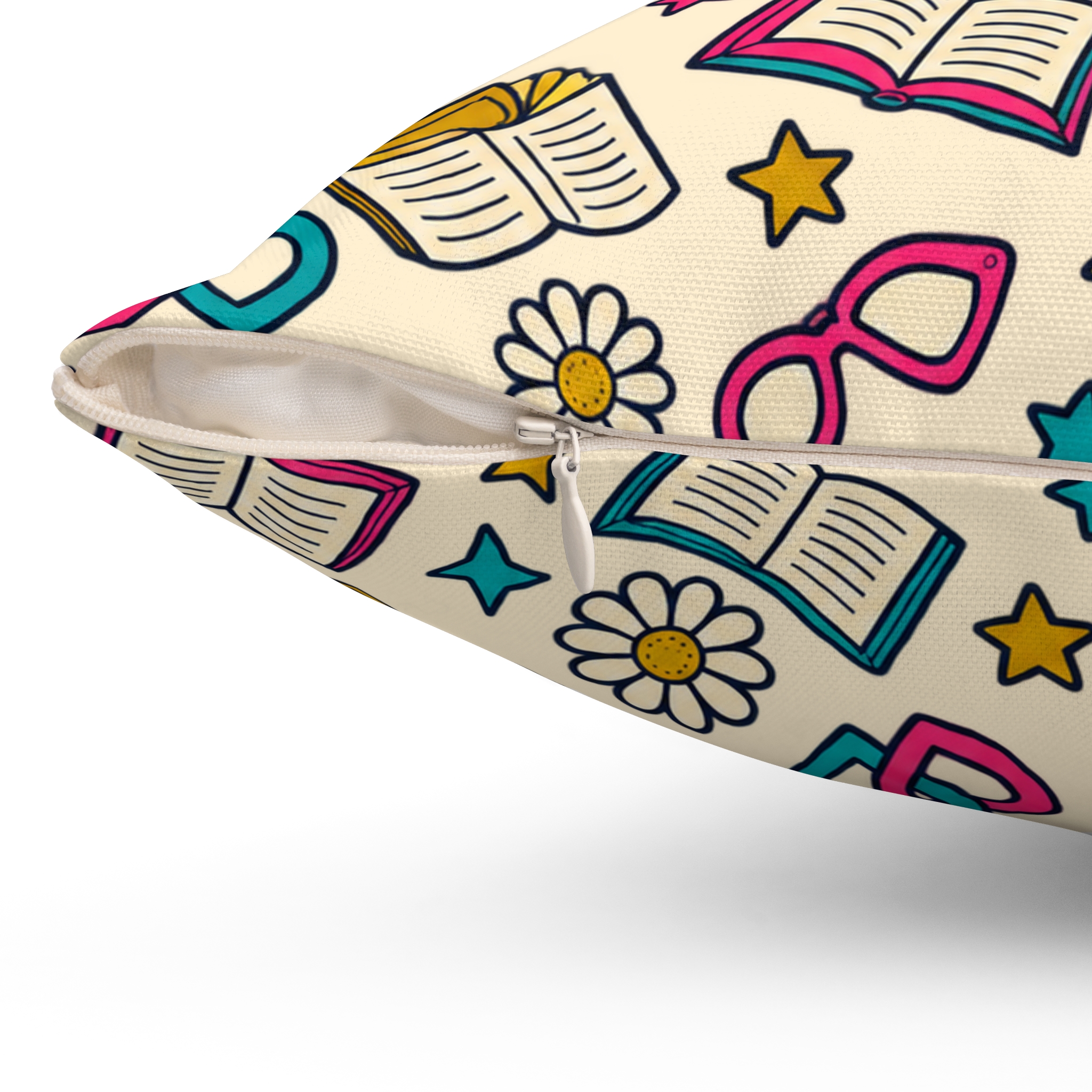 Bookish Blooms Throw Pillow — Books, Hearts & Daisies Reading Nook Pillow (Cream) - Image 12