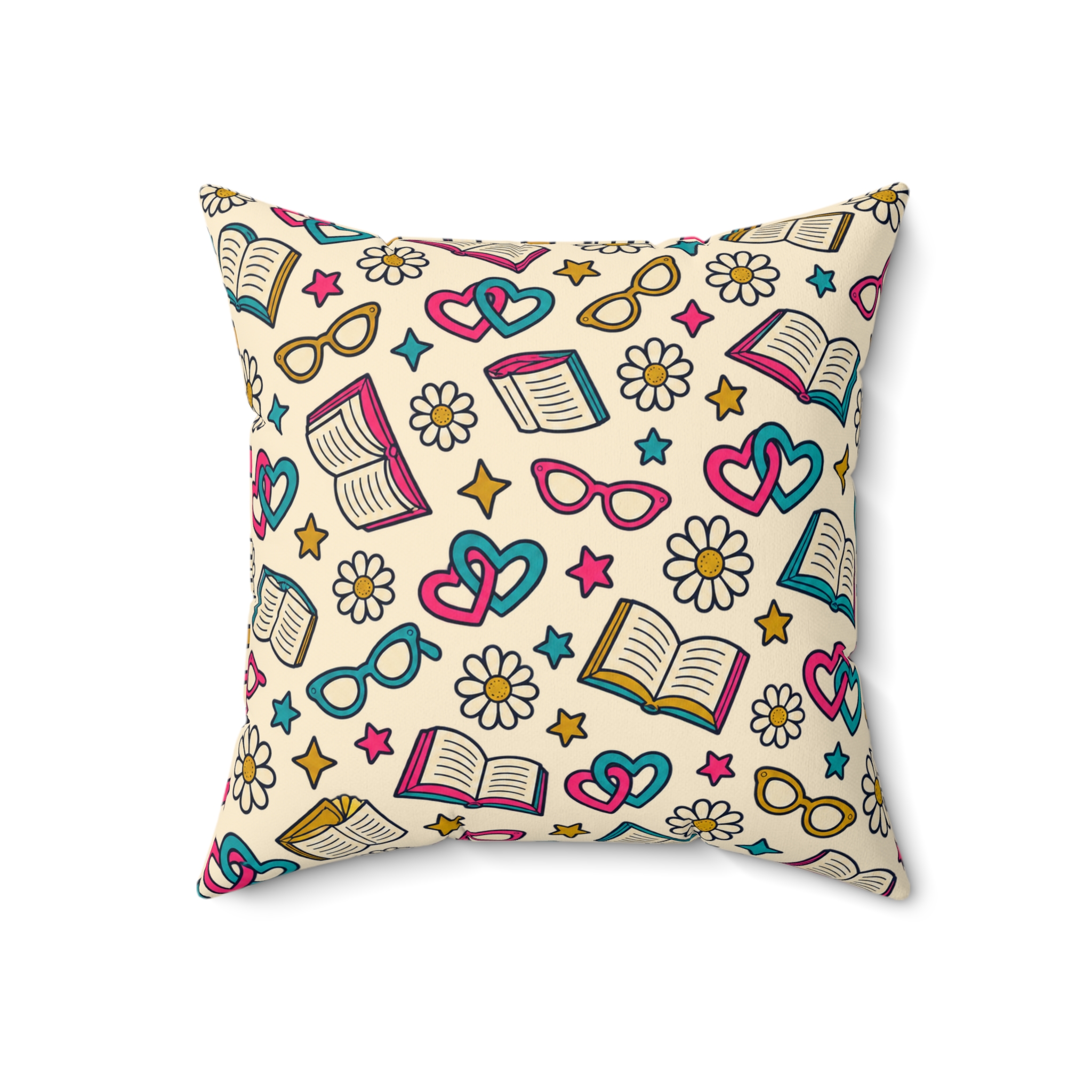 Bookish Blooms Throw Pillow — Books, Hearts & Daisies Reading Nook Pillow (Cream) - Image 7