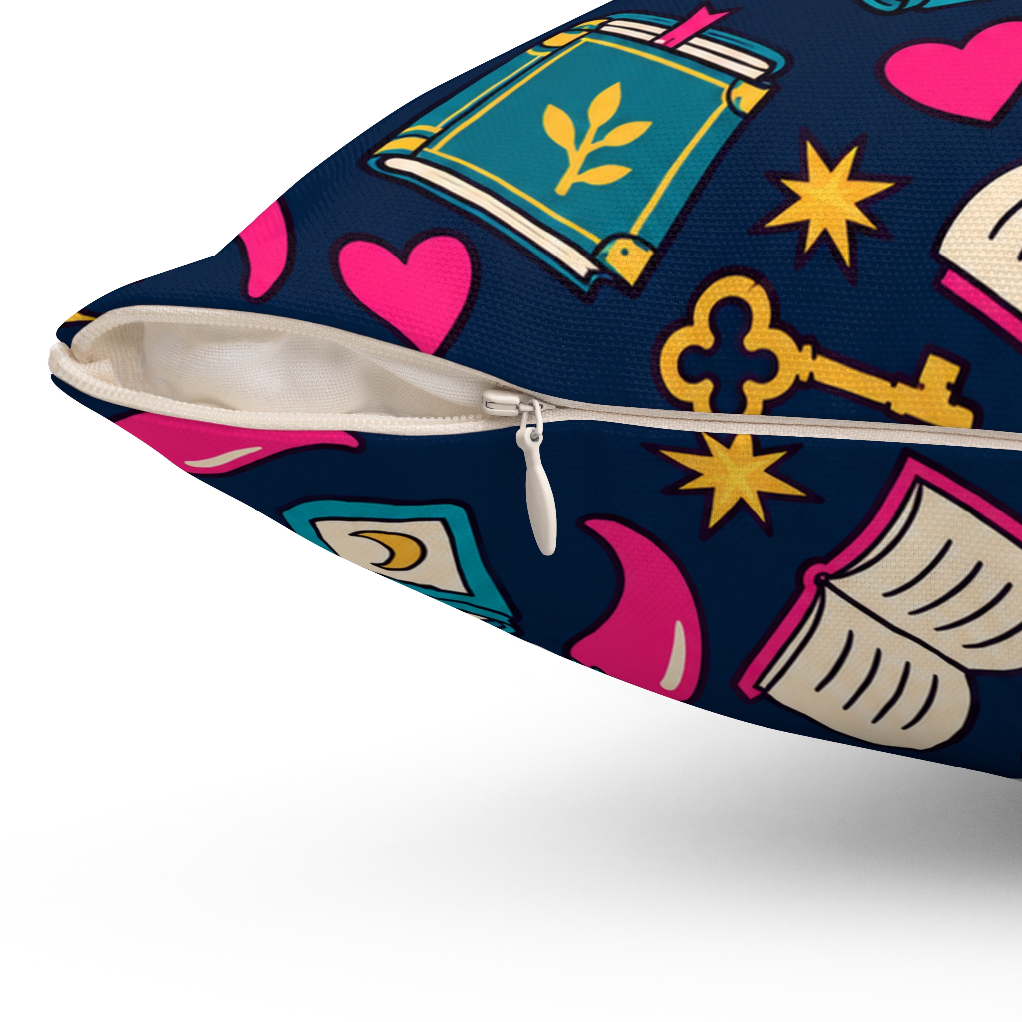 Bookish Icons Throw Pillow — Romance Reader Books, Chilis & Moons Reading Nook Pillow (Navy) - Image 9