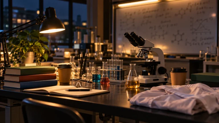 University science lab after hours with a microscope, a lab coat and two coffee cups