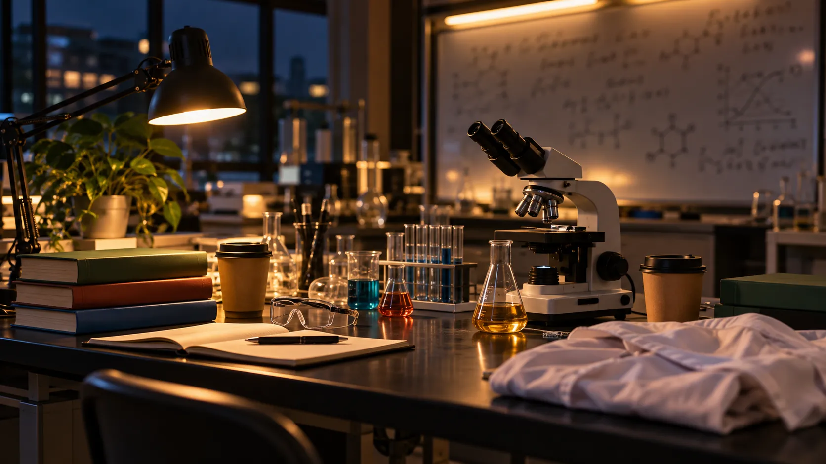 University science lab after hours with a microscope, a lab coat and two coffee cups