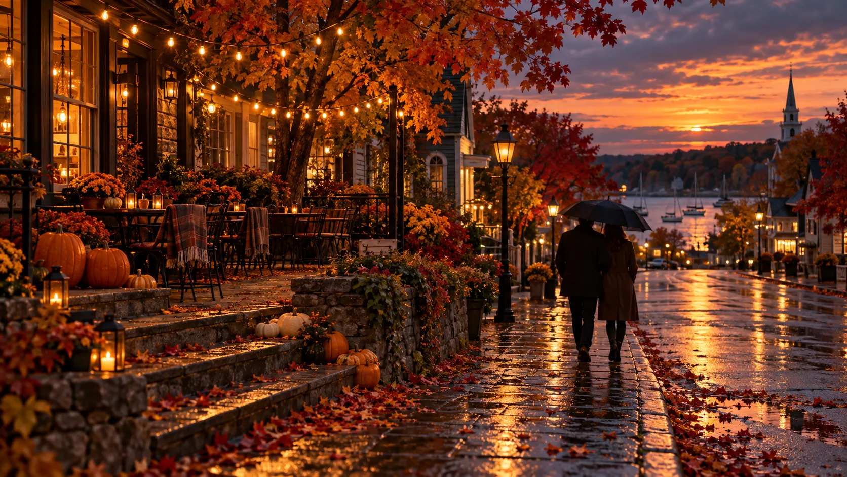 Small-town main street in fall foliage at dusk with string lights and pumpkins