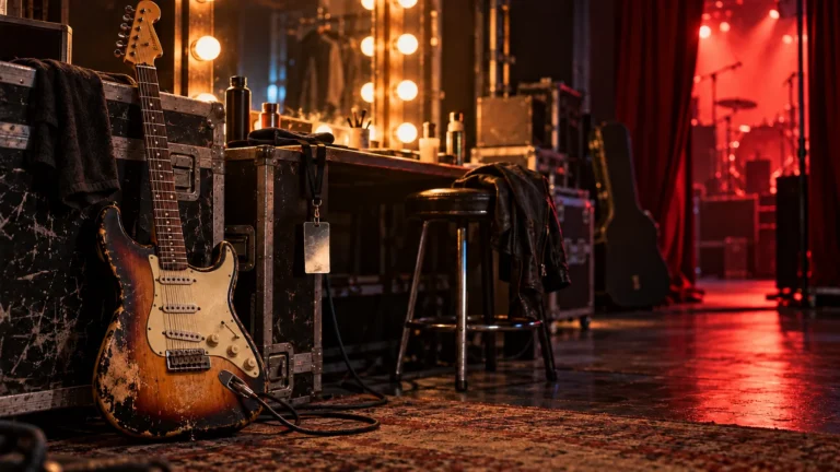 Vintage electric guitar backstage by a bulb-lit mirror under red stage light