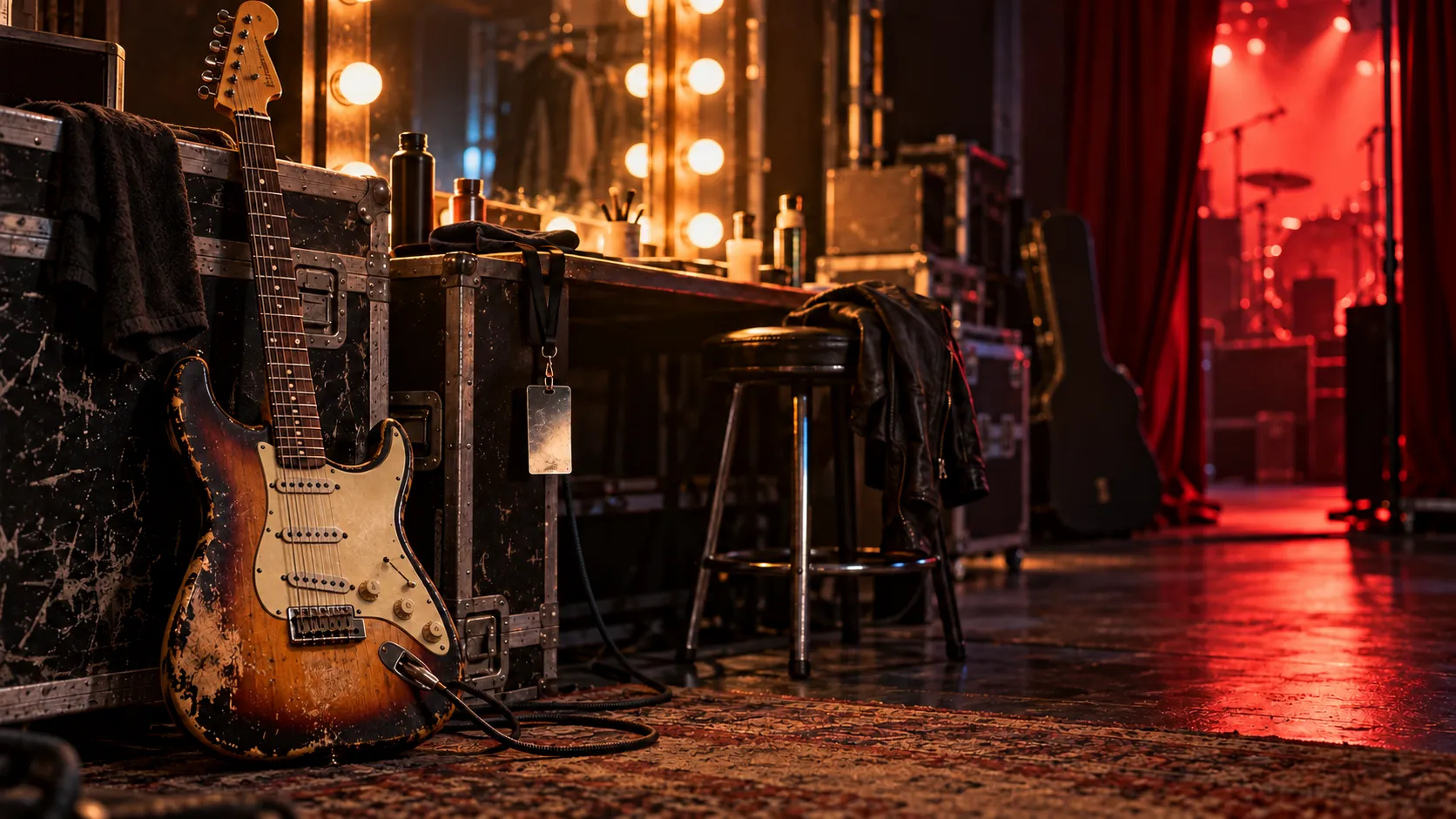 Vintage electric guitar backstage by a bulb-lit mirror under red stage light