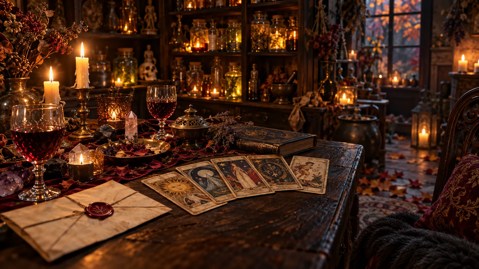 Witch's apothecary shelf with glowing jars, tarot cards and two glasses of red wine
