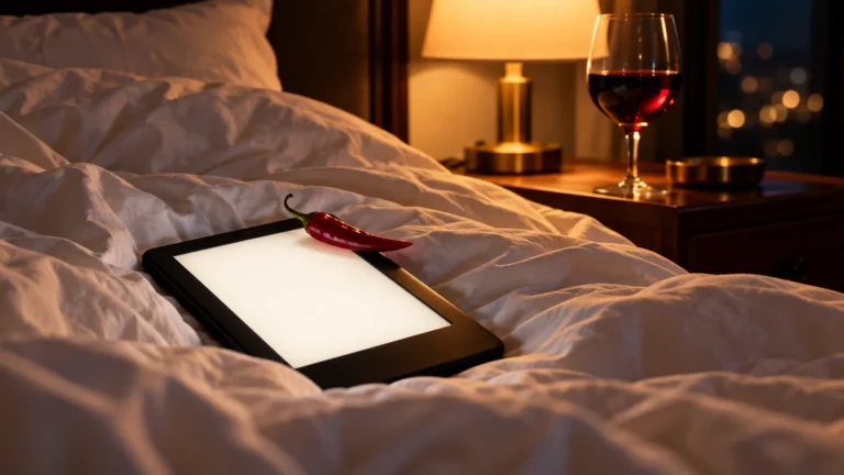 E-reader on rumpled sheets at night with a red chili pepper and a glass of red wine