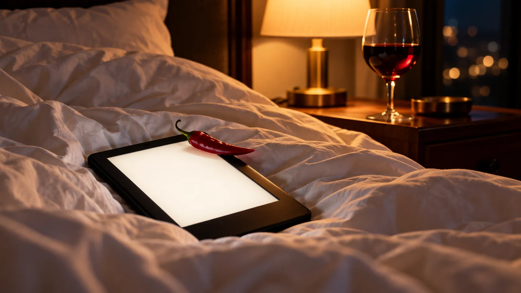E-reader on rumpled sheets at night with a red chili pepper and a glass of red wine