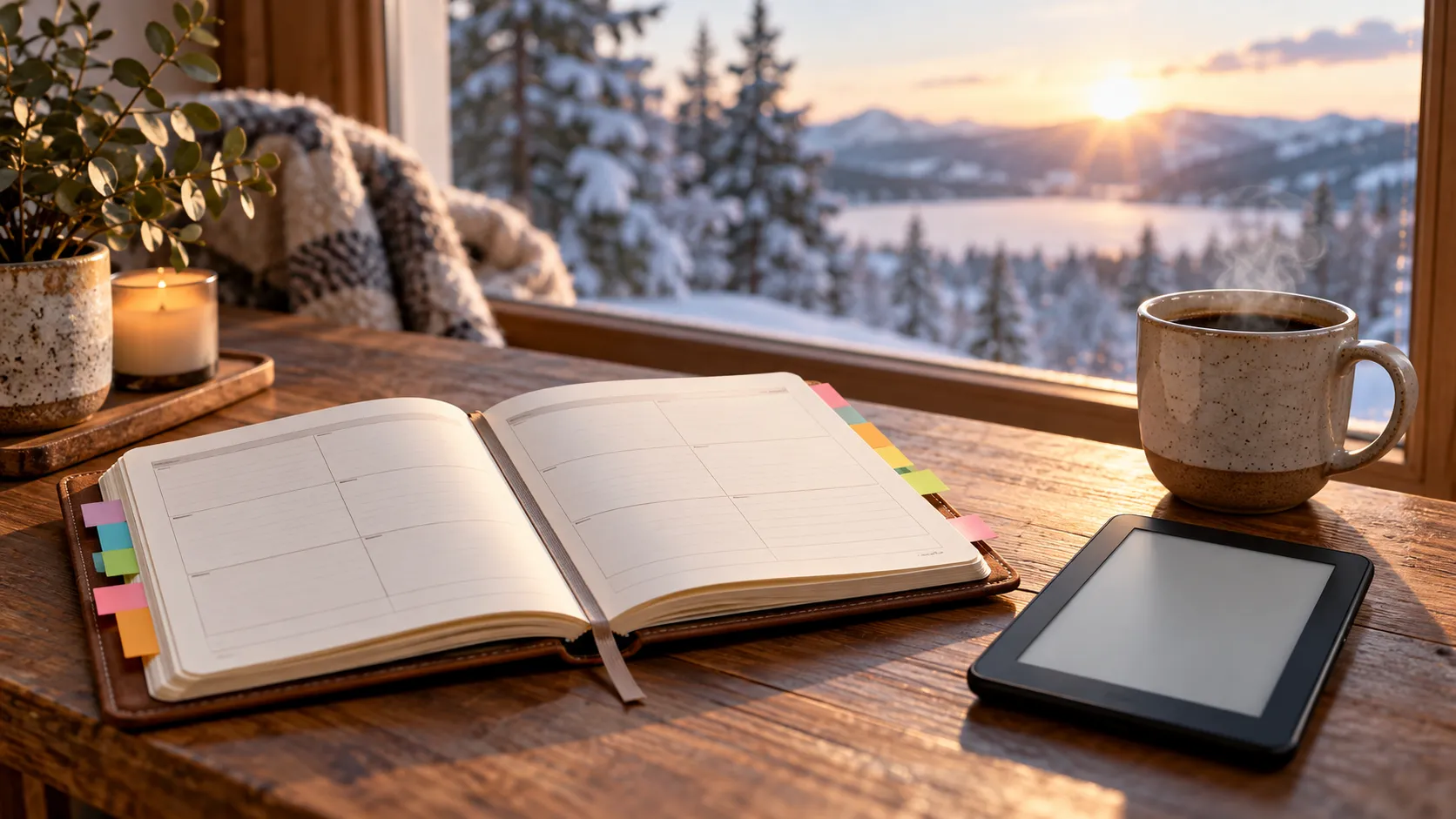 Open planner with sticky tabs, an e-reader and coffee on a desk by a snowy window