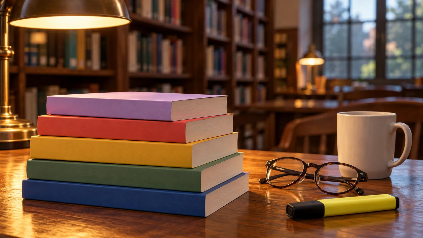 Stack of colorful paperbacks with glasses and a mug on a library table in warm light