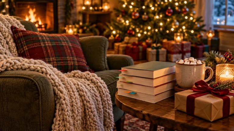 Christmas reading nook with an armchair, tabbed paperbacks, a wrapped gift and cocoa