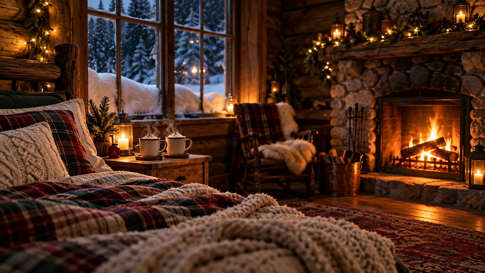Cozy snowed-in cabin by firelight