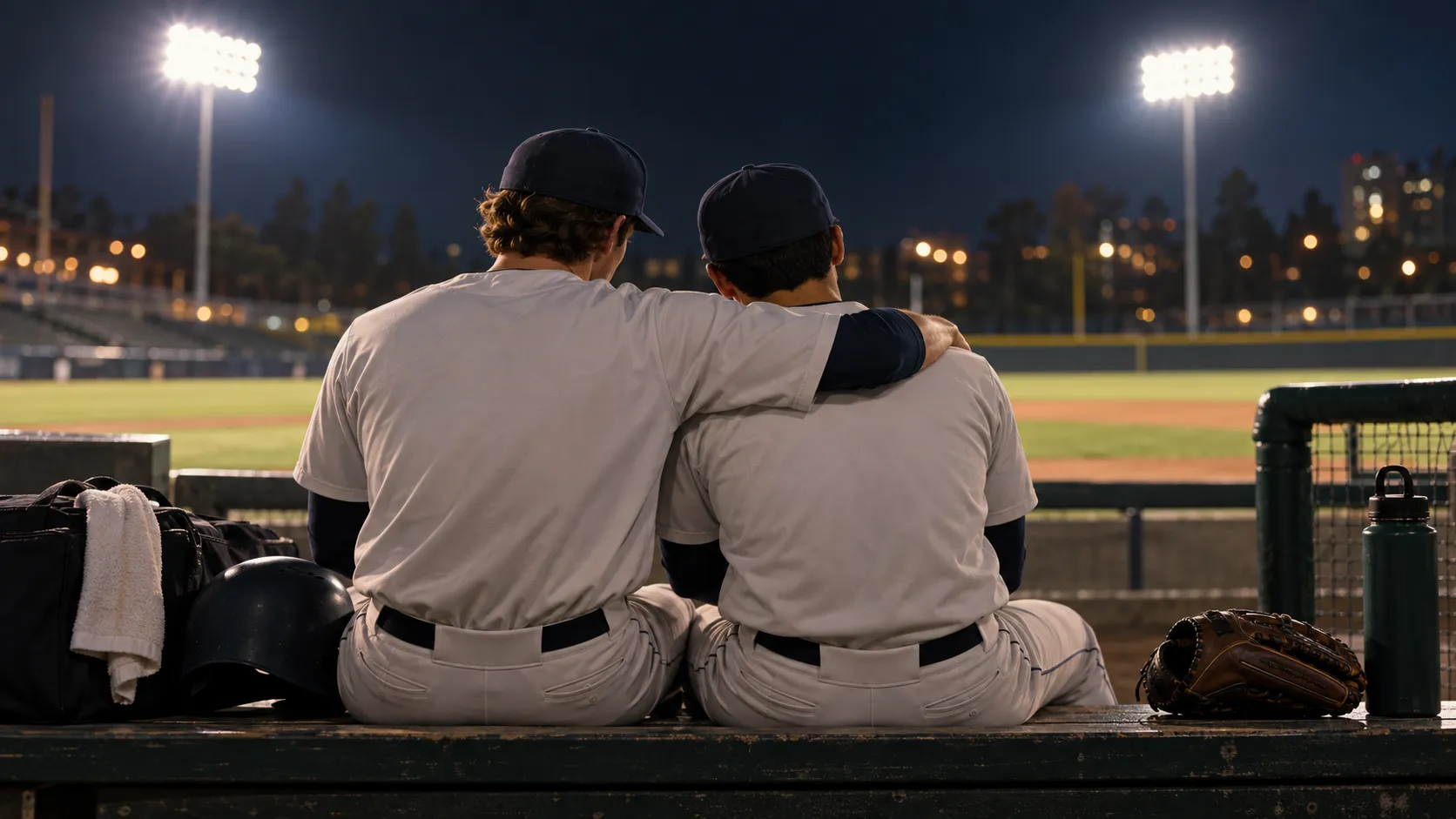 Two baseball players sitting close on a dugout bench under stadium lights