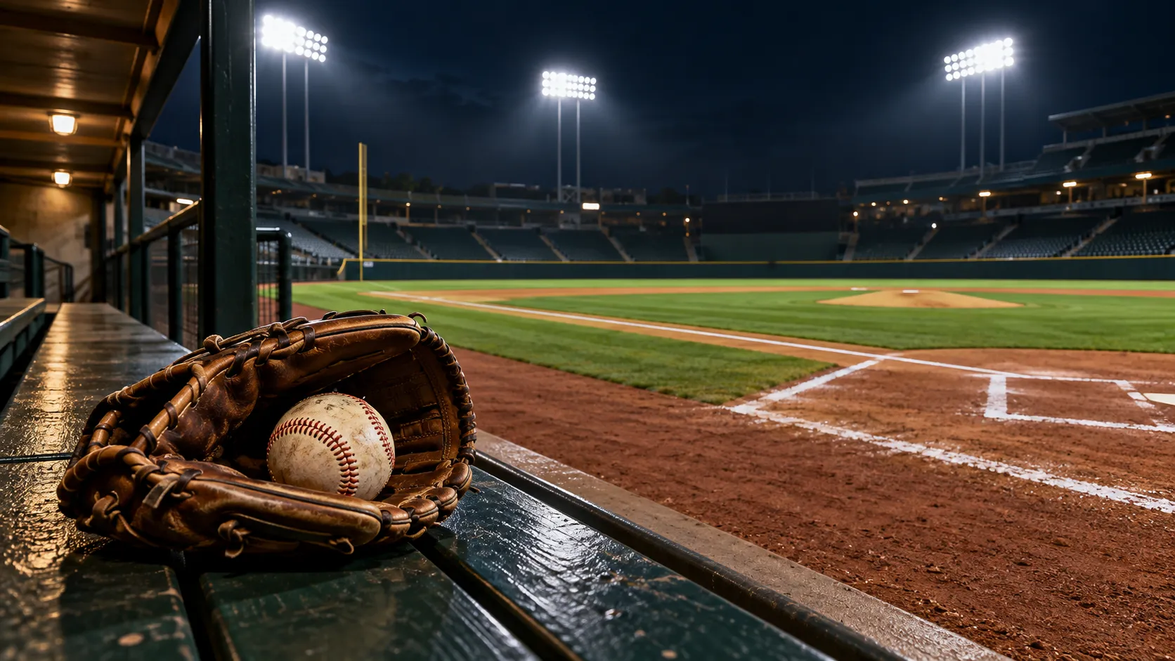 Baseball glove and ball on a dugout bench in an empty floodlit stadium