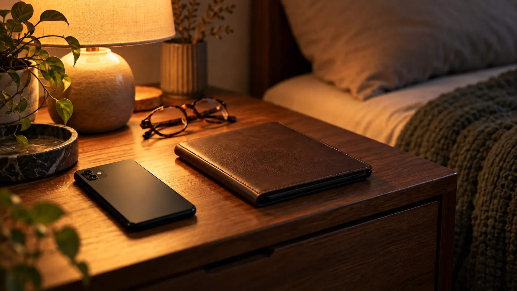 Face-down phone and reading glasses on a bedside table in lamplight