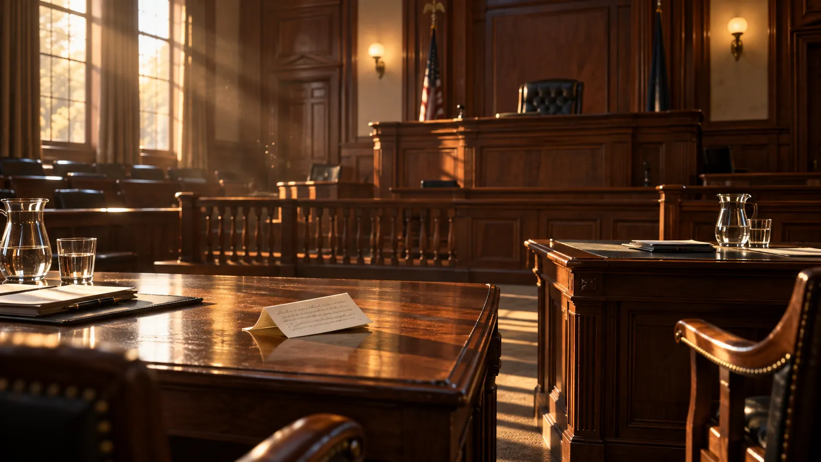 Empty wood-paneled courtroom with a folded note on a counsel table