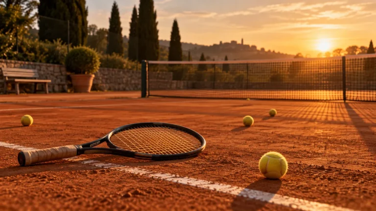 Tennis racket and balls on a clay court at golden hour
