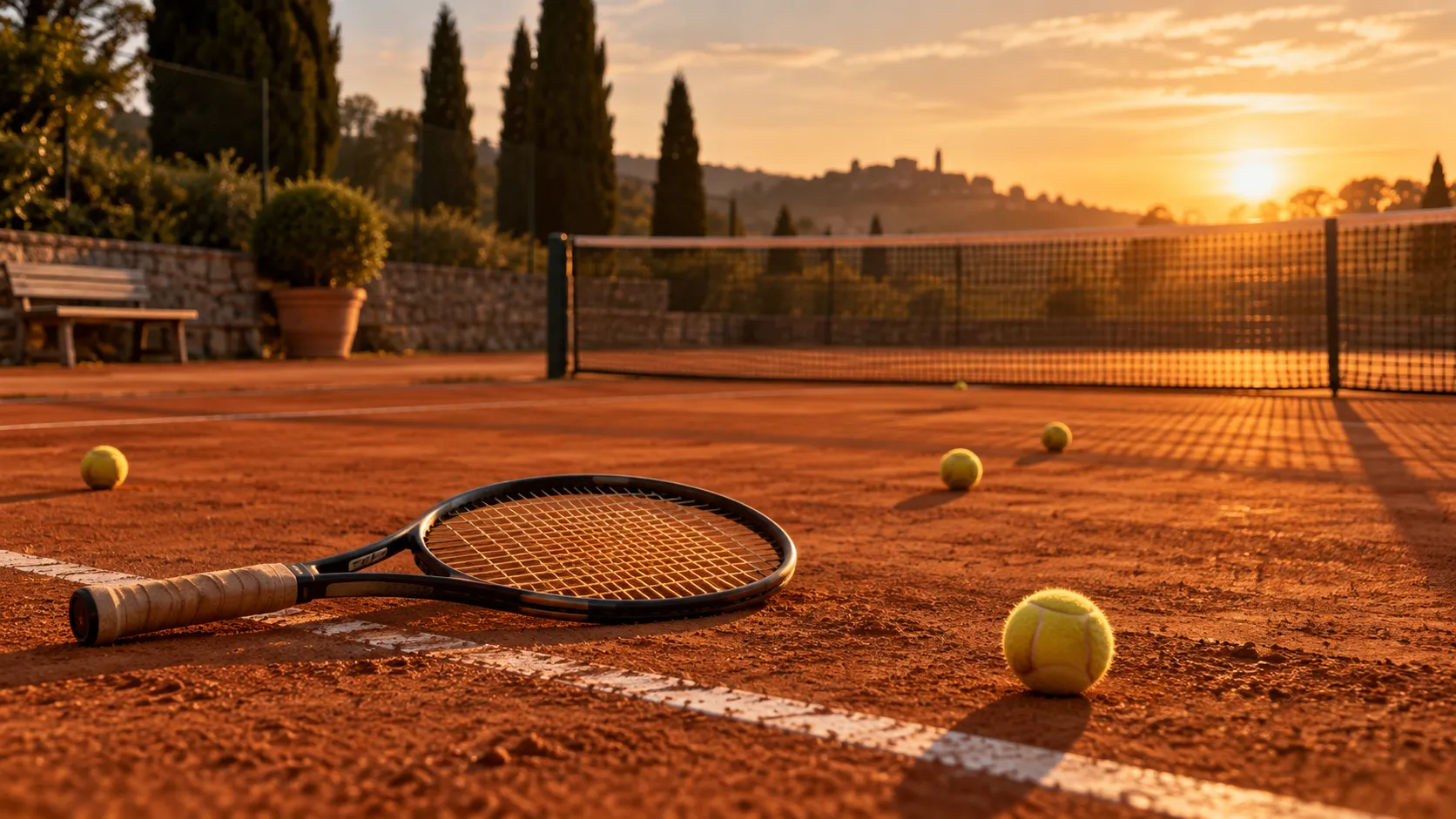 Tennis racket and balls on a clay court at golden hour