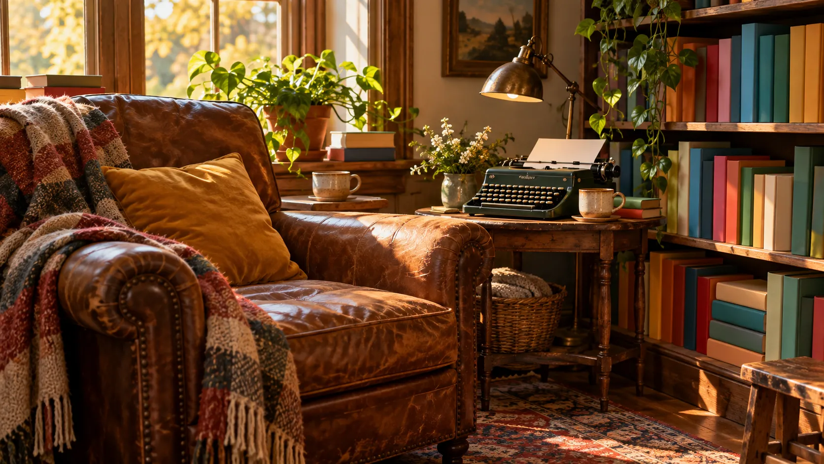 Bookshop reading nook with a worn armchair, colorful paperbacks and a vintage typewriter